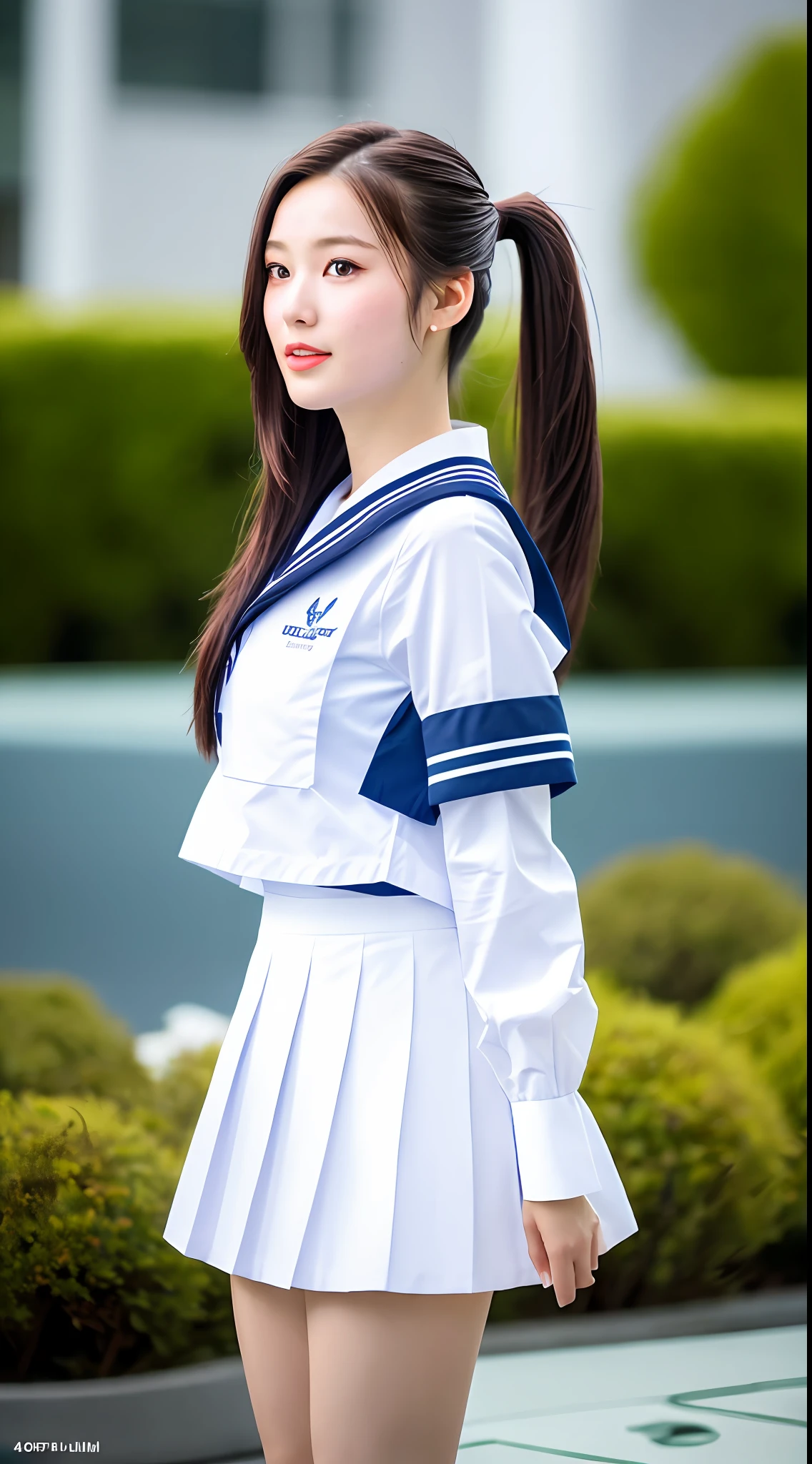 Realistic photos of shoulder length hair, ponytail, thin makeup, (small breasts), fountain, clear facial features, 8K high resolution, sharp and realistic details, full body, high school uniform, white skin, white sailor suit, mini skirt, pleated skirt, f/4.0, 135mm, fujifilm, jpeg artifact, dithering, UHD, masterpiece, wind, cherry, blur,