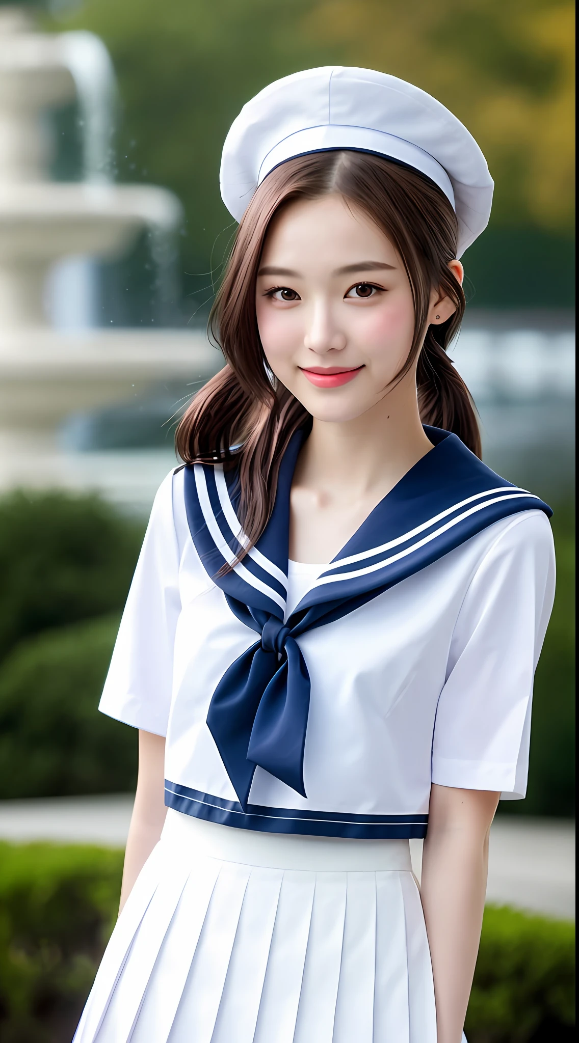 Realistic photos of shoulder length hair, ponytail, thin makeup, (small breasts), fountain, clear facial features, 8K high resolution, sharp and realistic details, full body, high school uniform, white skin, white sailor suit, mini skirt, pleated skirt, f/4.0, 135mm, fujifilm, jpeg artifact, dithering, UHD, masterpiece, wind, cherry, blur,