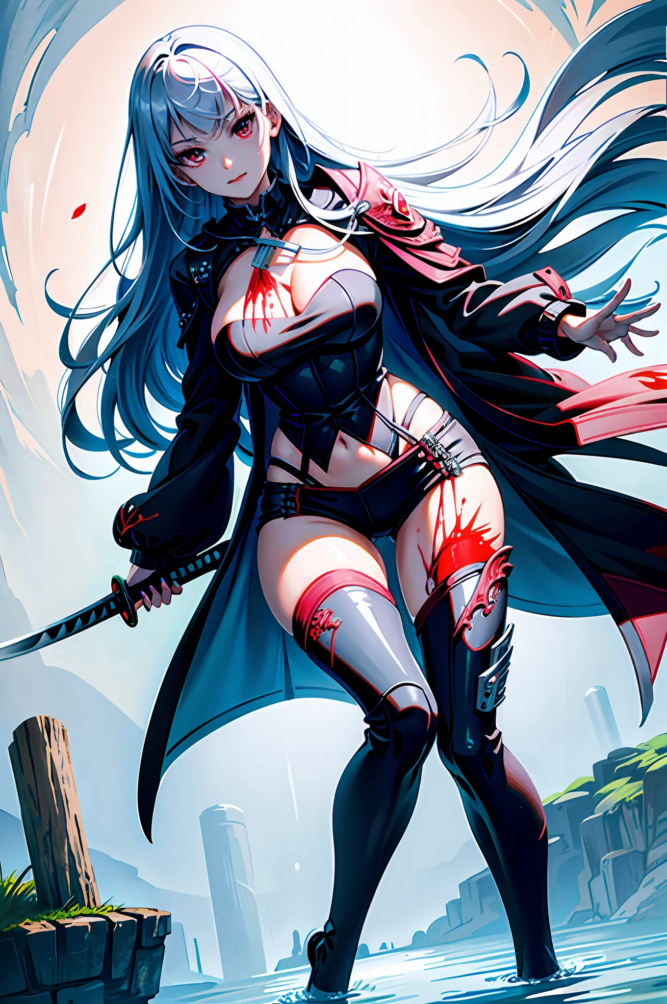 ((masterpiece)), (((best quality))), ((ultra detail)), ((illustration)), ((semi-realistic)), (reflections), sharp focus, front lighting, intense shadows, (beautiful detailed eyes), eyelashes, (extremely delicate and beautiful girl), ((red eye)), silver hair, (jacket), (trousers), long hair, (wielding a katana), ((detailed eyes)), ( cold-blooded), big chest, cleavages, shiny skin, cinematic lighting mask, ray tracing, depth of field, dynamic angle, looking at the viewer, ((epic background)), (blood on the face 1.2), (difficulty 1.4), highly detailed fingers, highly detailed hand, highly detailed full body, highly detailed face and eyes, fully body views, standing, high detail legs, highly detailed thighs, standing on water, highly details breast, cleavages, separate legs, wet body, wet hair,