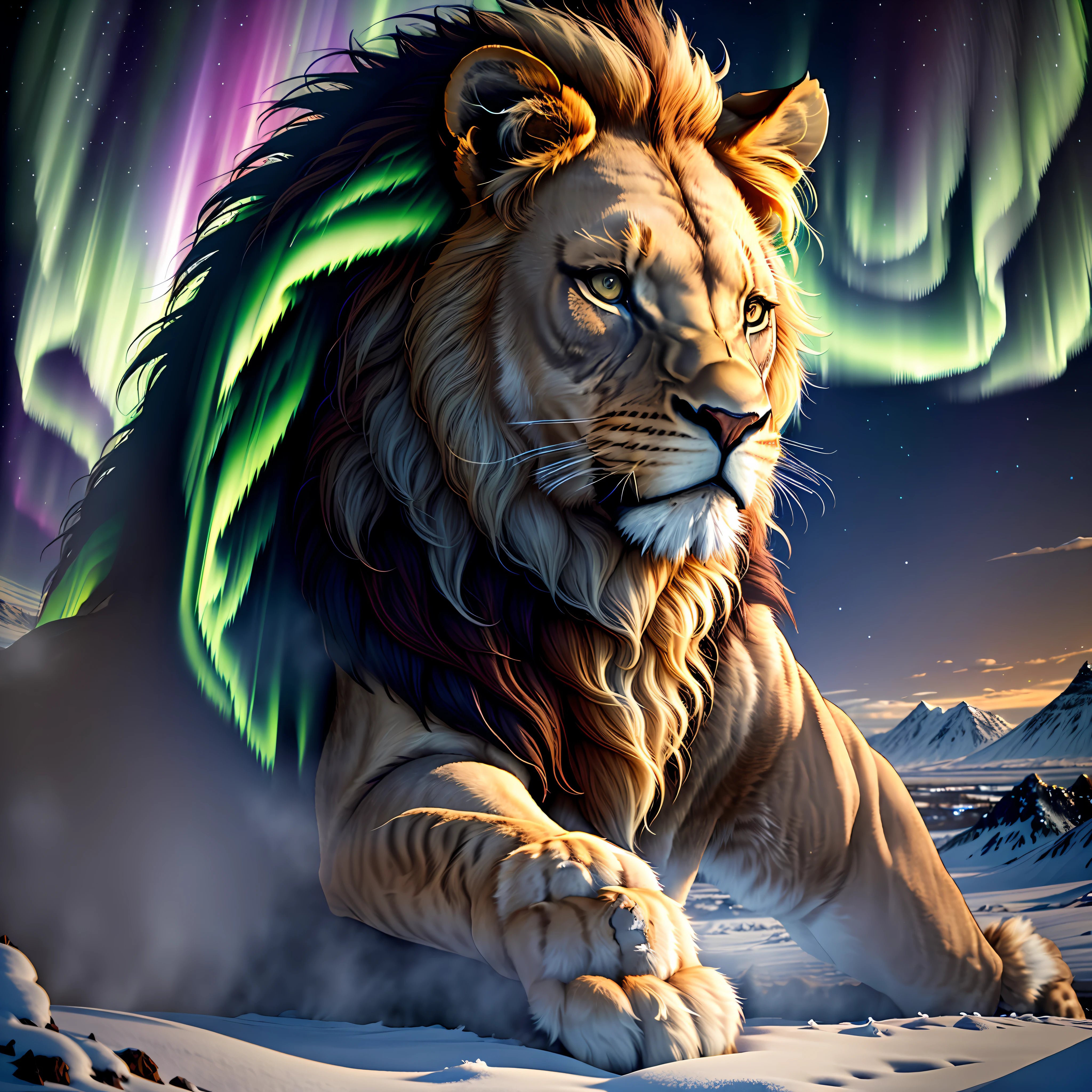 A majestic lion in Iceland with northern lights in the background., cinematic lighting, UHD, anatomically correct, retina, high details, highres, 16k