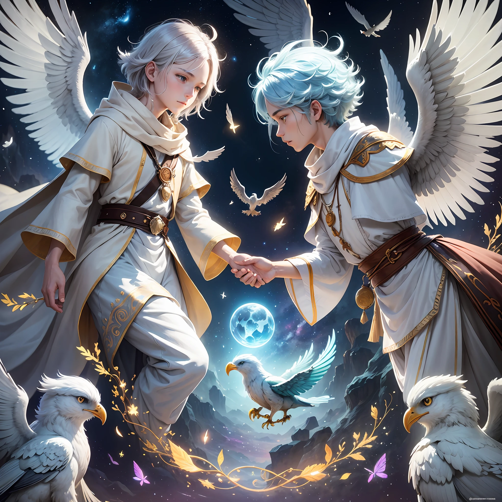 Lumi told Thomas about the importance of winged creatures in balancing the kingdom. They were messengers of the wind, carrying seeds and pollen to ensure plant growth and the fertility of the land. In addition, they were guardians of the secrets of the heavens, keeping alive the stories and legends of the stars.
Thomas became fascinated with the culture of winged creatures and wished to learn their skills. Lumi took him to a magical valley where there was a flight school. There, he was introduced to the wise master Vireo, a majestic eagle with piercing eyes and an ancestral wisdom.
Master Vireo taught Thomas the art of flight, sharing secrets about drafts and the importance of maintaining balance. With patience and determination, Thomas practiced tirelessly, overcoming his fears and honing his skills in the air.
During his stay in the Kingdom of Winged Creatures, Thomas and his friends were invited to participate in a magical festival. The winged creatures performed acrobatic dances in the sky, creating impressive shapes with their skillful flights. It was a spectacle of pure magic and enchantment.
Upon leaving the Realm of Winged Creatures, Thomas felt a deep gratitude for the lived experience. He said goodbye to Lumi and the residents of the kingdom, knowing that those shared moments and lessons learned would remain in his heart.
With new skills and knowledge acquired, Thomas and his companions were ready to move on, towards the next kingdom on their journey. The Winged Creatures Realm had awakened an inner strength in Thomas, fueling his determination to unravel the remaining secrets and discover the true purpose of his connection to the silver moon. --auto --s2