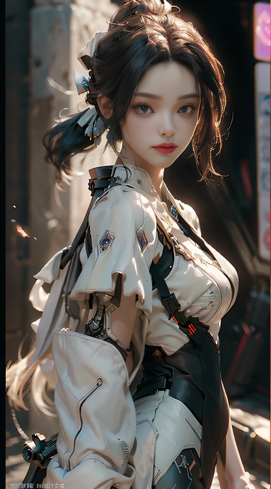 ((Best quality)), ((masterpiece)), (detailed:1.4), 3D, an image of a beautiful cyberpunk female,HDR (High Dynamic Range),Ray Tracing,NVIDIA RTX,Super-Resolution,Unreal 5,Subsurface scattering,PBR Texturing,Post-processing,Anisotropic Filtering,Depth-of-field,Maximum clarity and sharpness,Multi-layered textures,Albedo and Specular maps,Surface shading,Accurate simulation of light-material interaction,Perfect proportions,Octane Render,Two-tone lighting,Wide aperture,Low ISO,White balance,Rule of thirds,8K RAW,