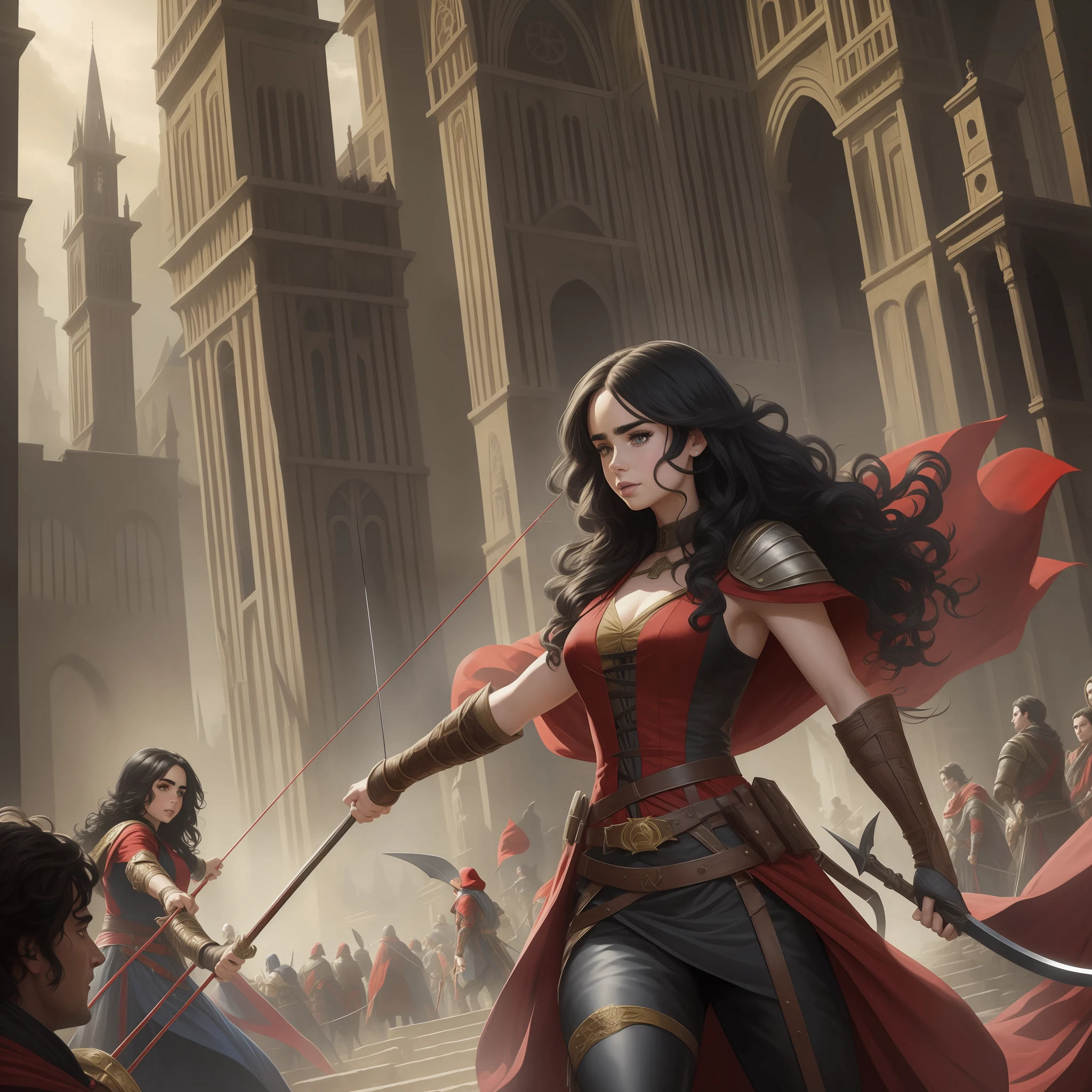 Lily Collins with curly black hair with red hood, medieval clothes, bow and arrow in hand, entering an arena landscape filled with bleachers and audience watching the illustration is detailed, smooth and bright, HD art by Justin Gerard