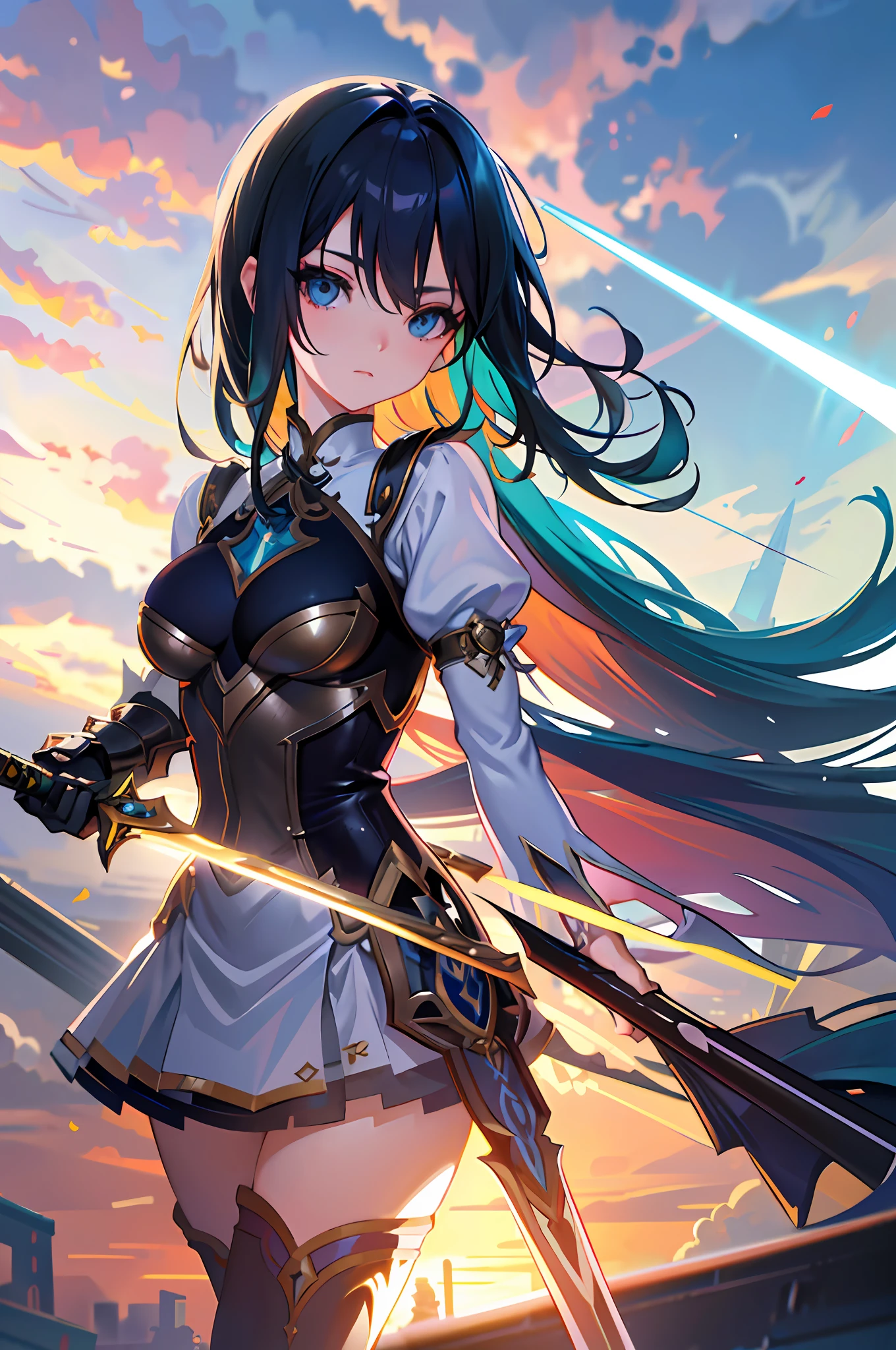 anime girl with sword and armor in a city setting, extremely detailed artgerm, detailed digital anime art, artgerm. anime illustration, ig model | artgerm, artgerm on artstation pixiv, advanced digital anime art, artgerm and rossdraws, 2. 5 d cgi anime fantasy artwork, alice x. zhang