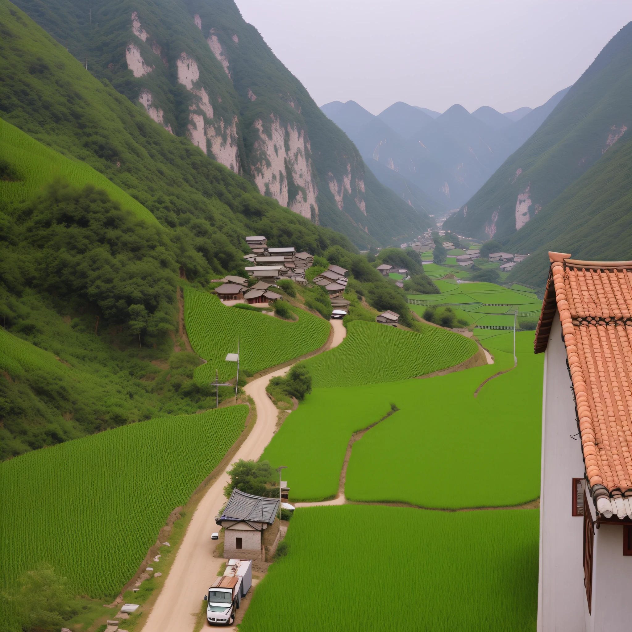 there is a truck that is driving down the road in the mountains, korean countryside, chinese village, village in the background, behind a tiny village, old village in the distance, karst landscape, lovely valley, mountain valley to factory, village, qiangshu, wide view of a farm, lush valley, small village, small town surrounding, above a village