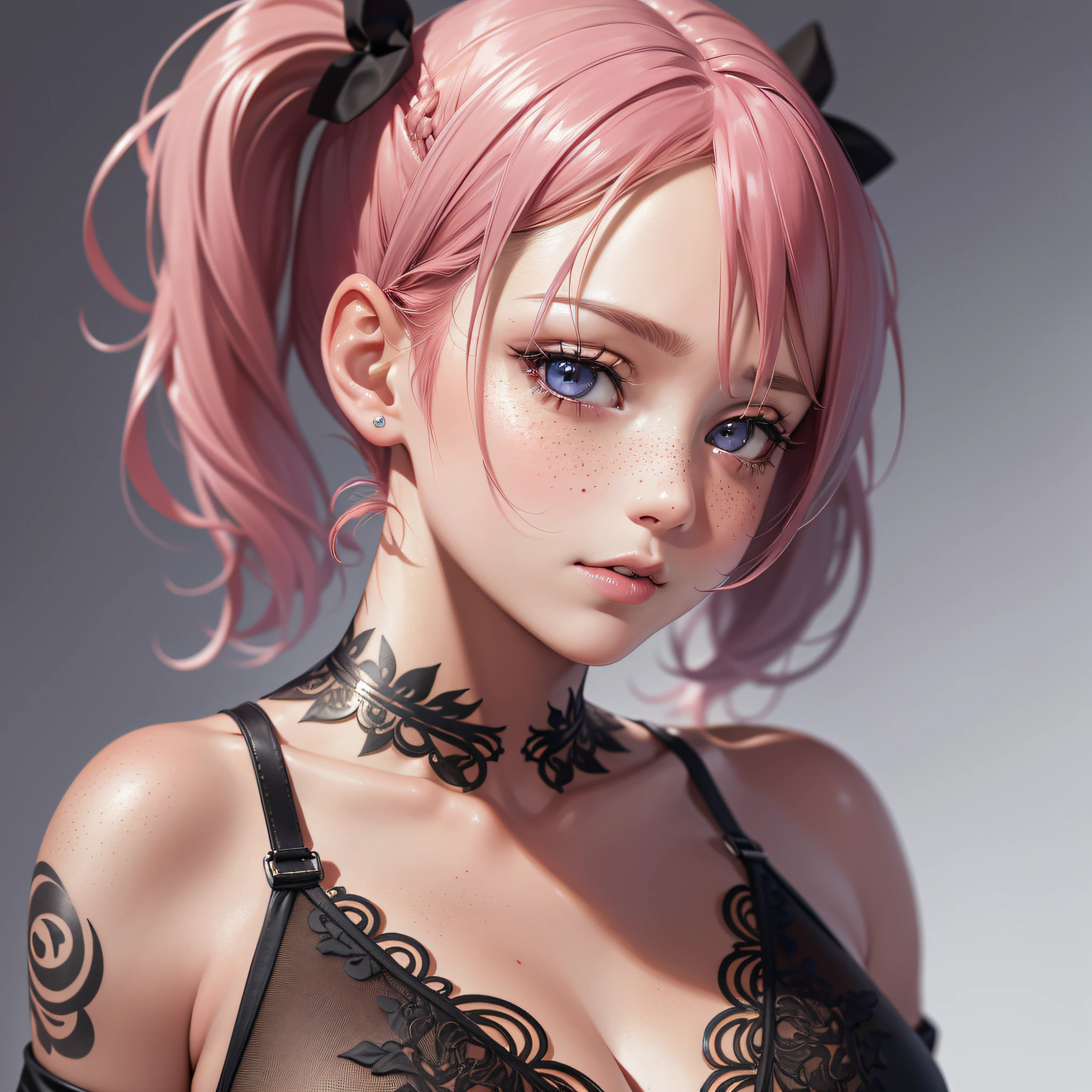 Ultra HD, high resolution, realistic, best quality, masterpiece, (realistic: 1.2), upper body, 1 girl, pink hair, with a tattoo ((short hair in two pigtails)), brown eyes, detailed face, beautiful eyes, detailed eyes, playful, freckles, young, black bikini background, lingerie, medium bust, intricately detailed, elaborate, meticulous, beautiful, maximum details, extremely hyper-aesthetic, looking at the viewer, gray background, masterpiece, Best quality, high quality, high resolution, amazing lighting, detail enhancement, world's most beautiful picture, 8K resolution, stunning inspiration, HD