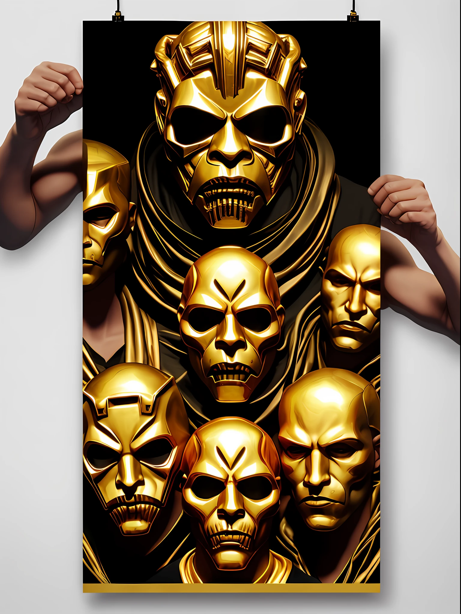The three faces of the three men are shown one glued to the other, golden mask, MF Doom mask, gold mask, foot in gold leaf, gold and black metal, inspired disgraced, minimalist art, high resolution printing: 1 cmyk :1, poster, gold skulls, black eyes, MF Doom, MF DOOM, neckless and disembodied faces (only the head?) human faces, Left head of one (pitbull dog), right head (chow-chow dog)