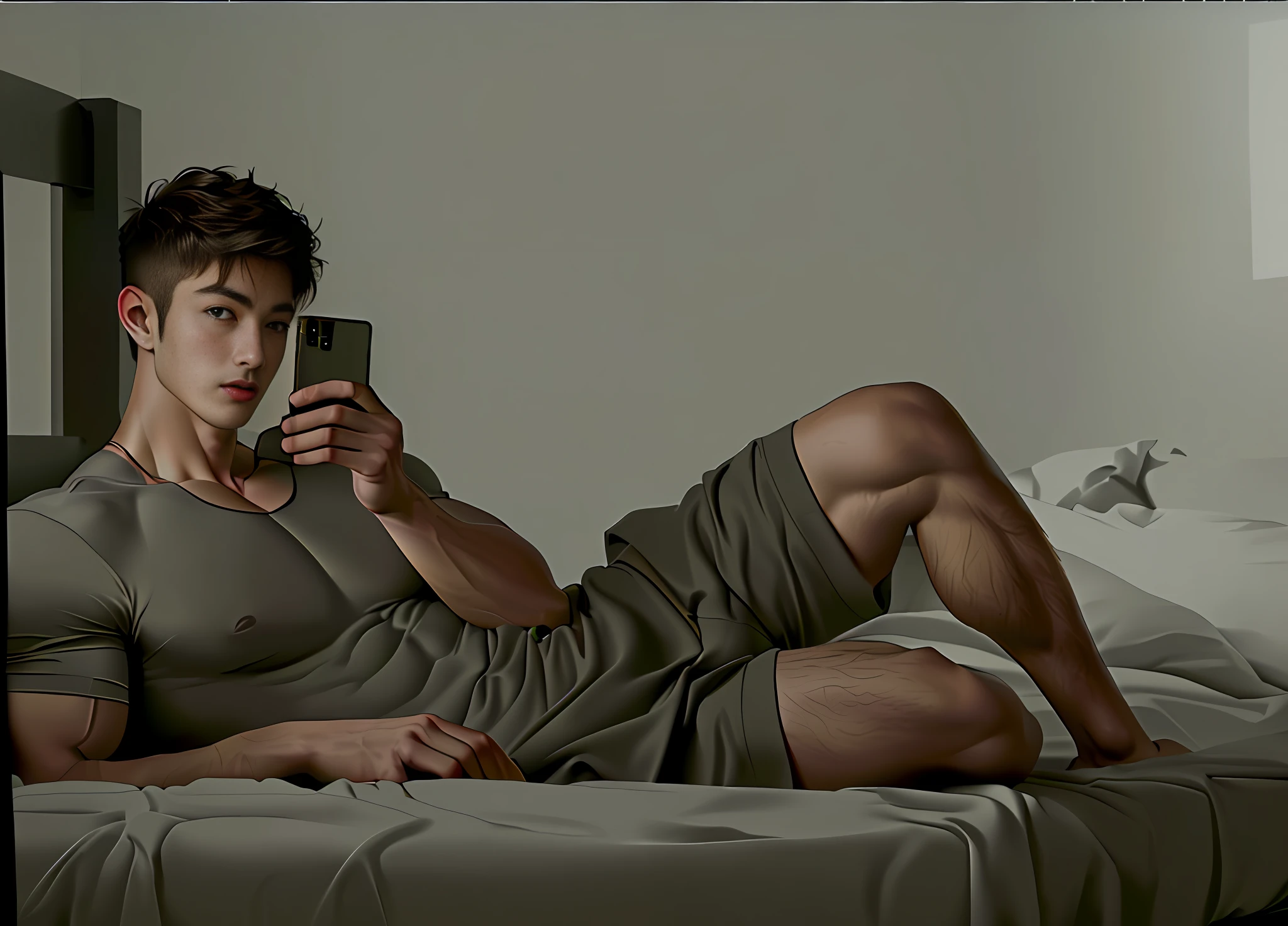 Cat ears handsome guy, lying on bed, charming face, big protrusions, cell phone in hand, abs, abs, models, correct human proportions