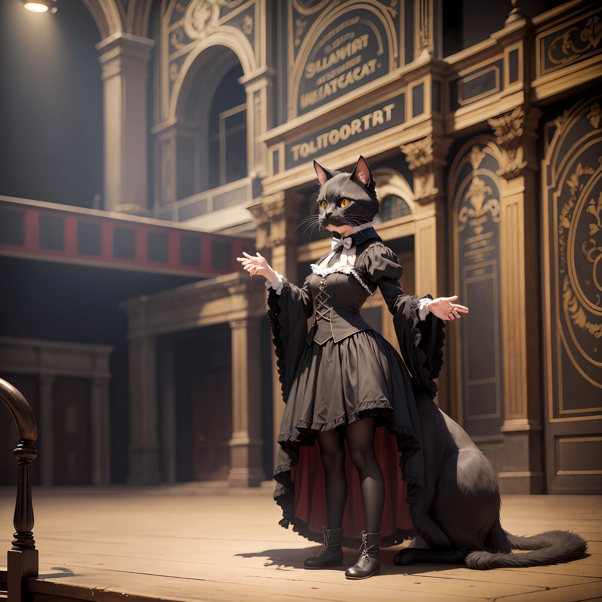 Ultra realistic photo of a black cat declaiming on a very old theater stage. The cat wears clothes of a character of the fifteenth century. --auto --s2