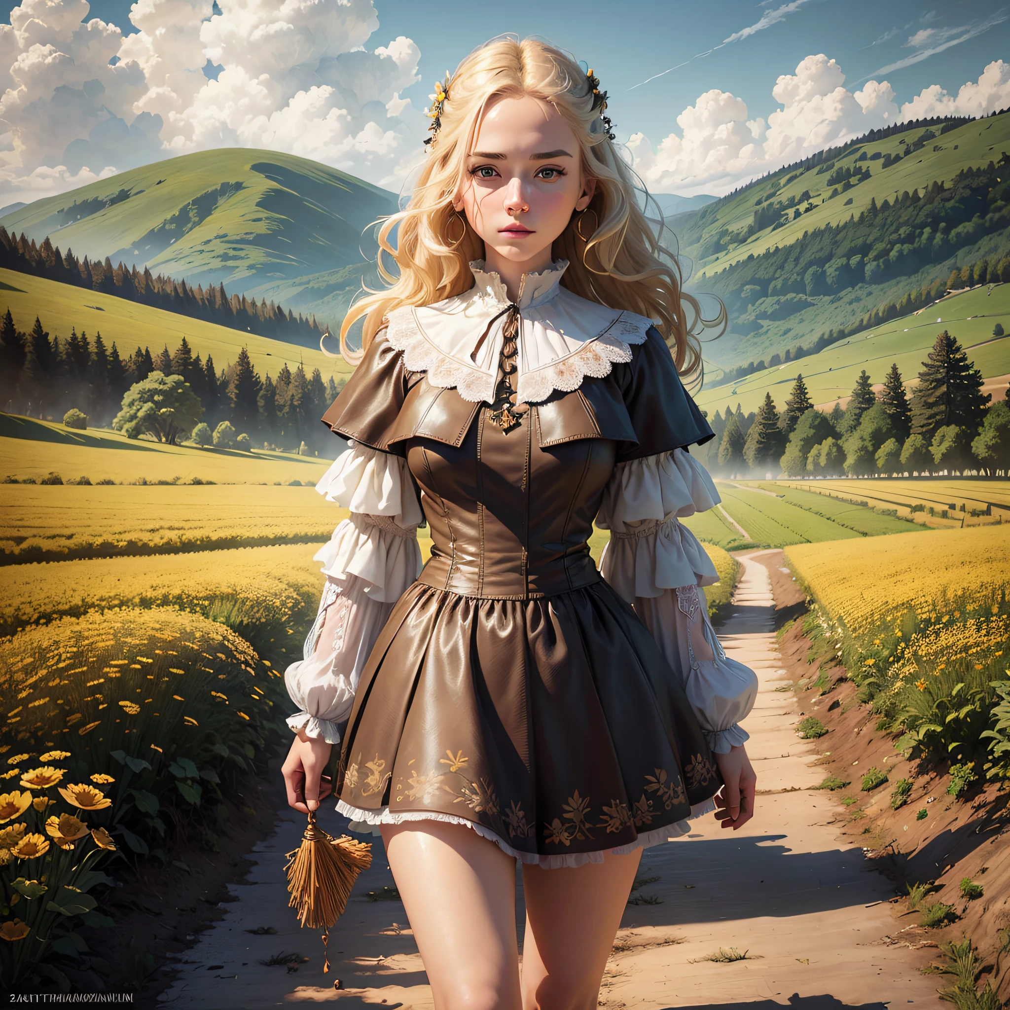(realistic:1.3), finely detailed, quality, rembrandt lighting, (masterpiece:1.2), (photorealistic:1.2), (best quality), (detailed skin:1.3), (intricate details), dramatic, ray tracing, 1girl, american white girl, blonde hair, 21 years old, medium breasts, (Meadow, Sun, Clouds, Field, Farming, Starlight, Walking trail) --auto --s2