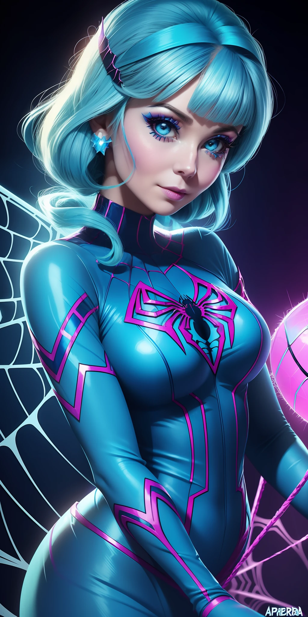 A face sticker around her eyes and the words etched on her by a fairy shepherd (neon) ((Barbara Eden blue spiderwoman style she is)) blue hair