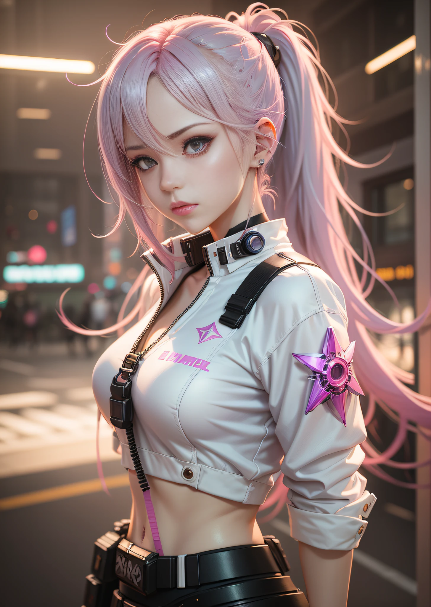 two pictures of a woman with pink hair and a white shirt, the style of wlop, wlop and krenz cushart, wlop loish and clamp style, trending on cgstation, female cyberpunk anime girl, cyberpunk 2 0 y. o model girl, 3 d render character art 8 k, ross tran and wlop, cyborg - girl with silver hair