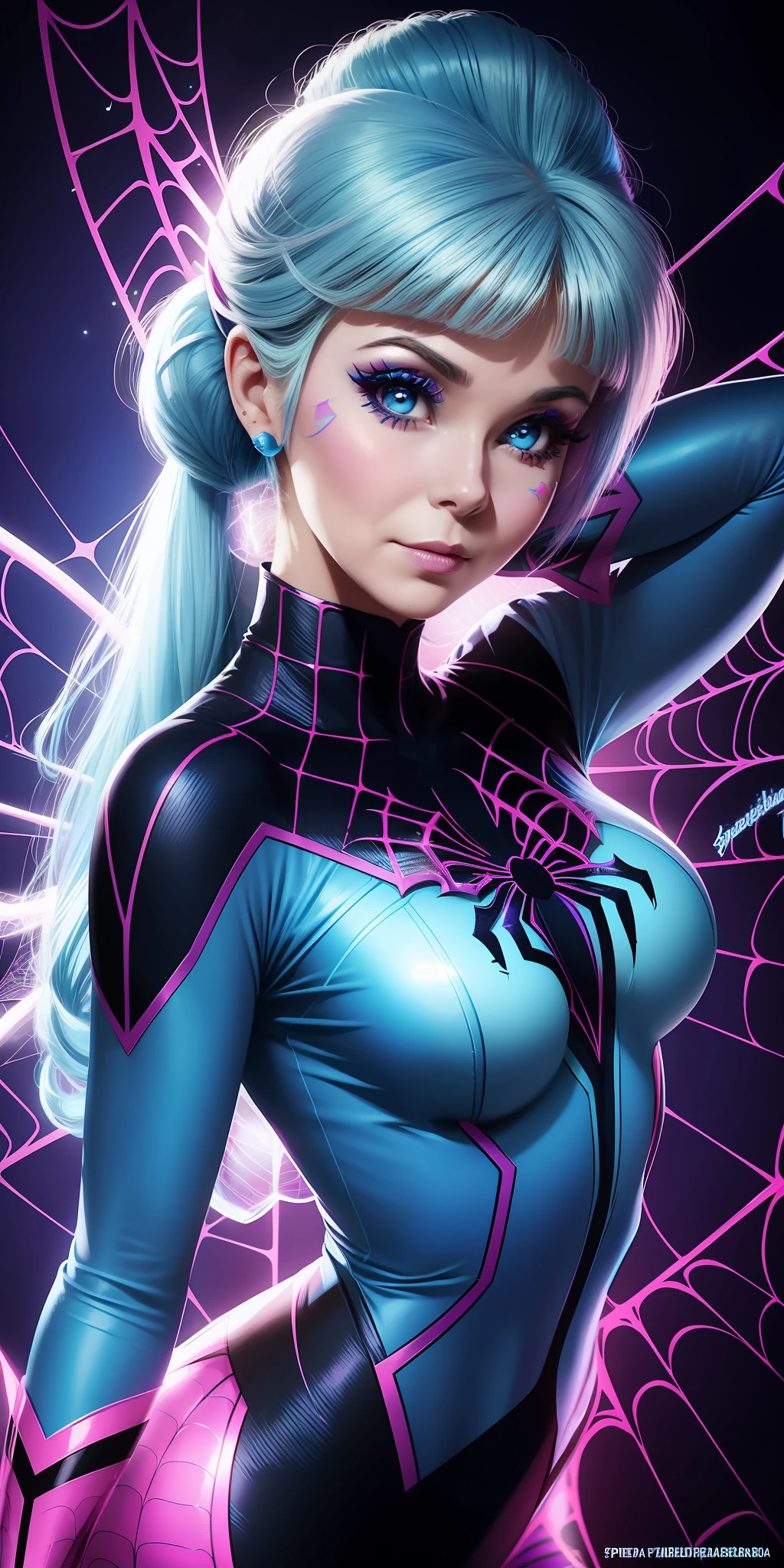 A face sticker around her eyes and the words etched on her by a fairy shepherd (neon) ((Barbara Eden blue spiderwoman style she is)) blue hair