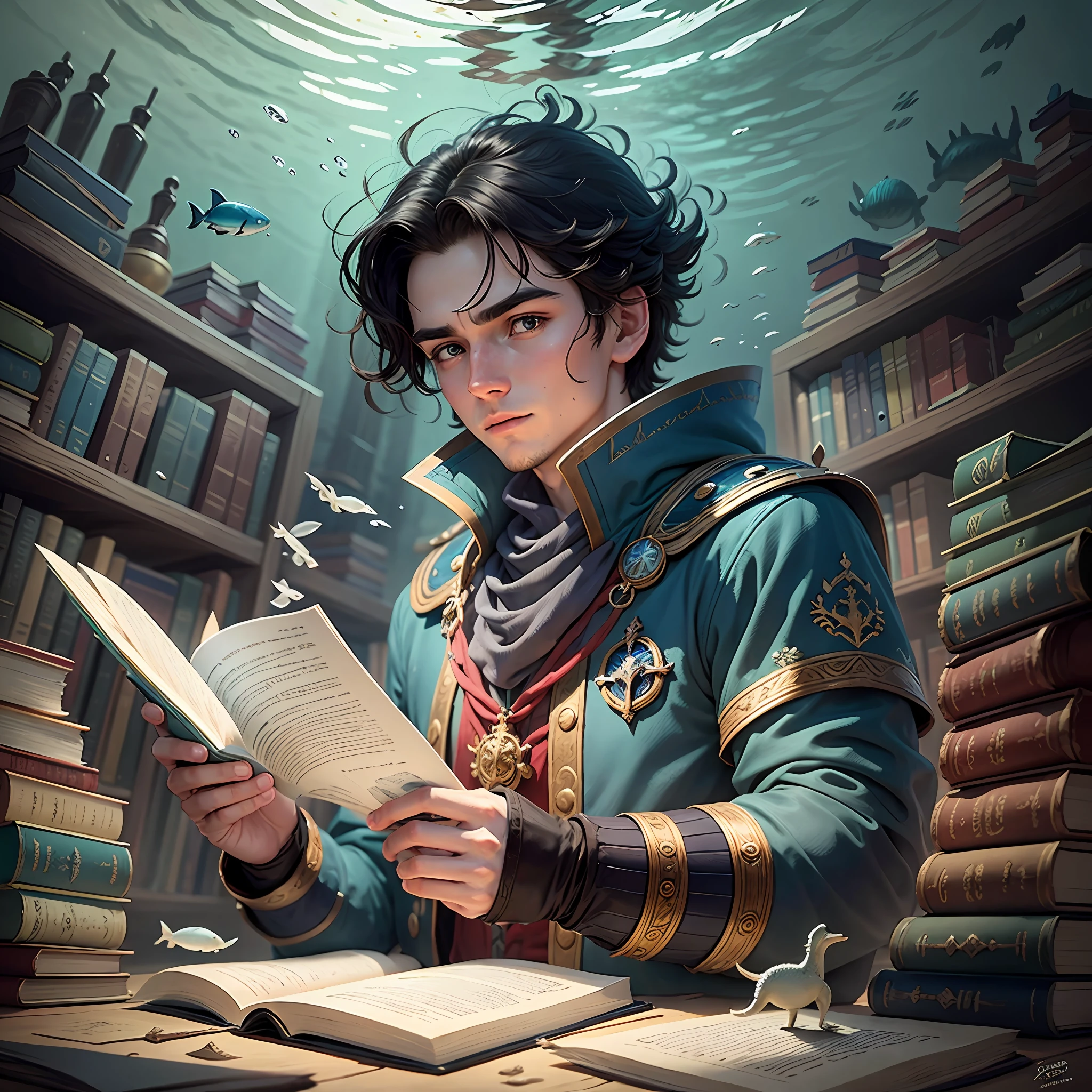 In the midst of this underwater beauty, black-haired Thomas discovered an underwater library, filled with enchanted scrolls and marine books. He immersed himself in readings about maritime legends, myths about underwater creatures, and tales of bravery and overcoming. --auto --s2