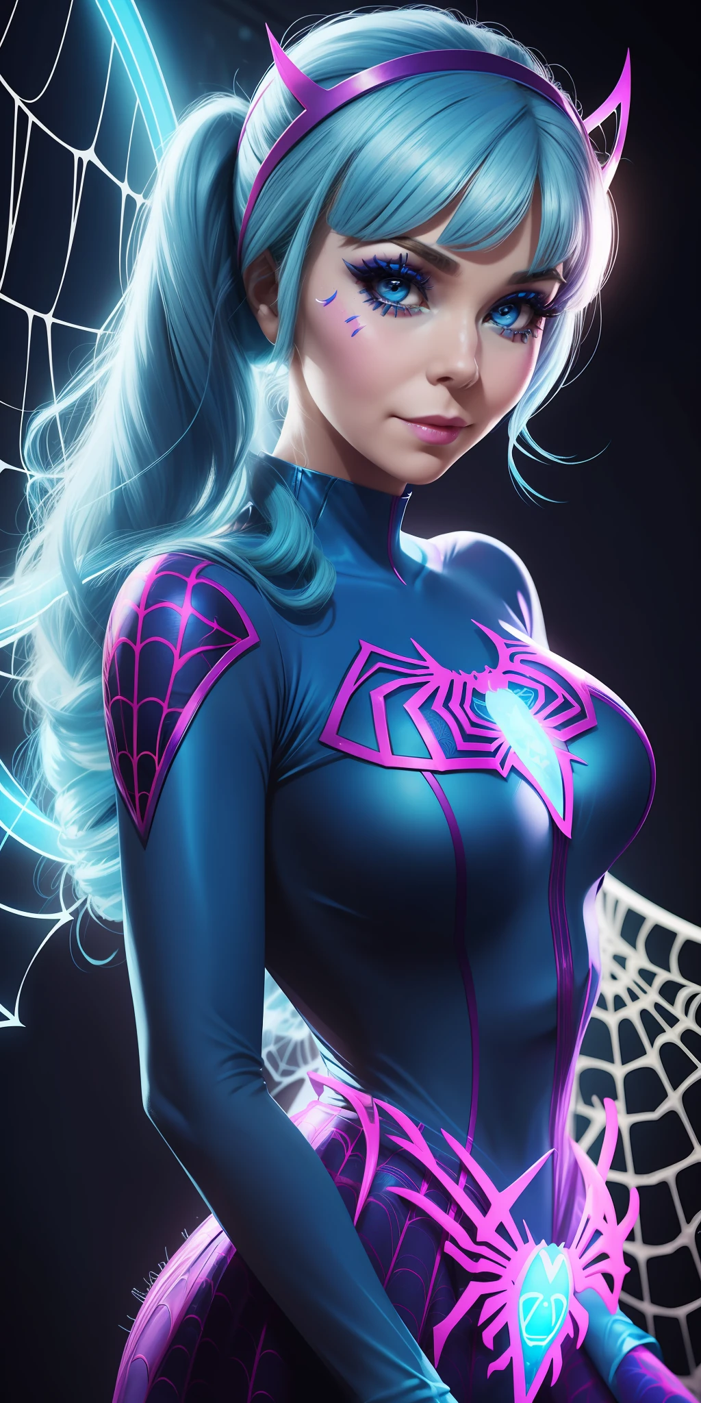 A face sticker around her eyes and the words etched on her by a fairy shepherd (neon) ((Barbara Eden blue spiderwoman style she is)) blue hair