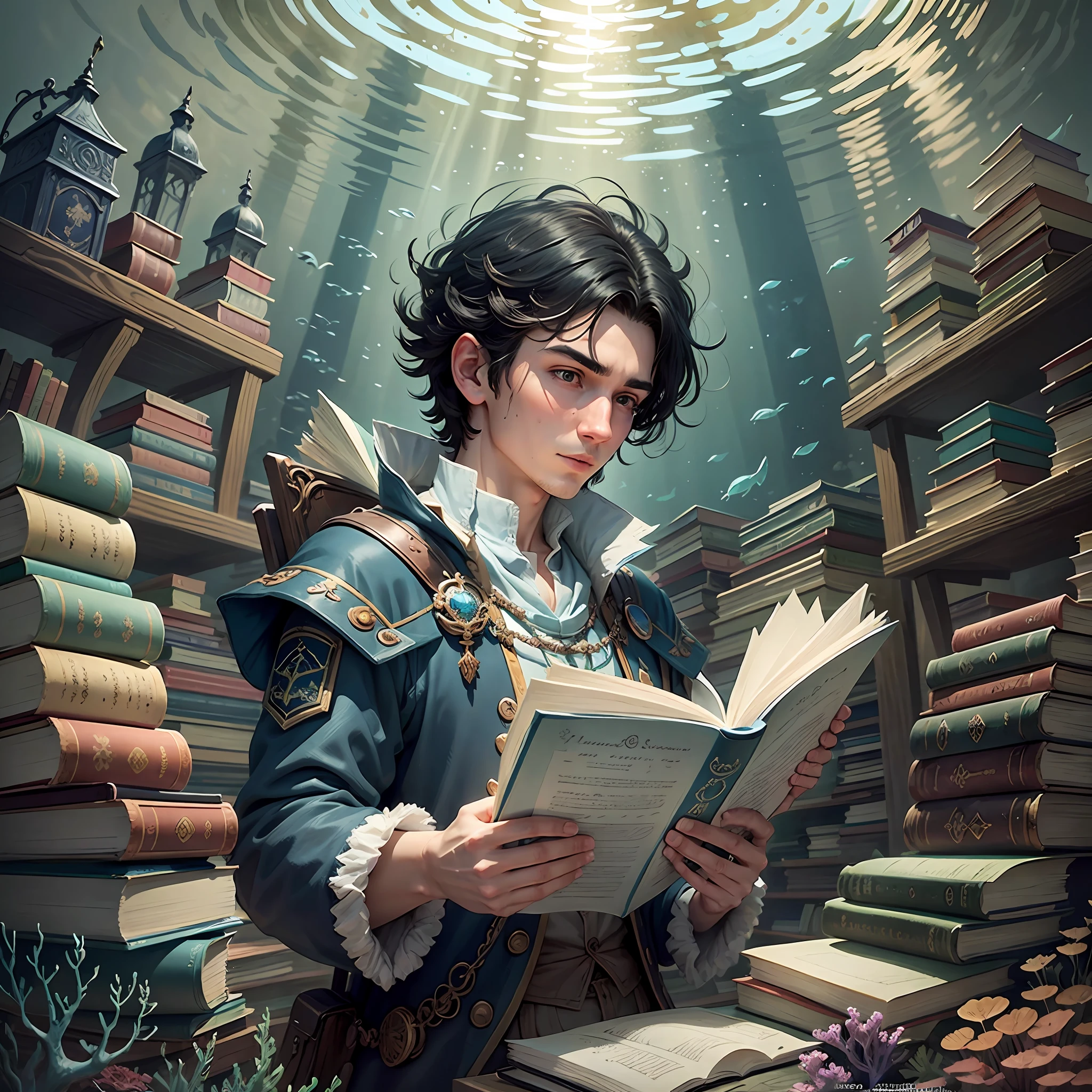 In the midst of this underwater beauty, black-haired Thomas discovered an underwater library, filled with enchanted scrolls and marine books. He immersed himself in readings about maritime legends, myths about underwater creatures, and tales of bravery and overcoming. --auto --s2