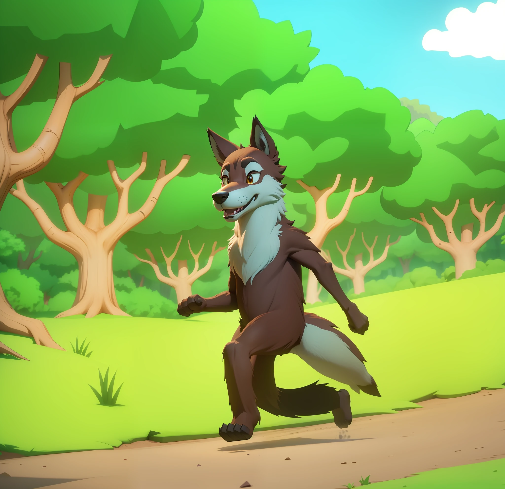 a wolf standing, running, in the forest, hyper-realistic, 8k, ultra hd, pixar, disney style, cinematic, 3d