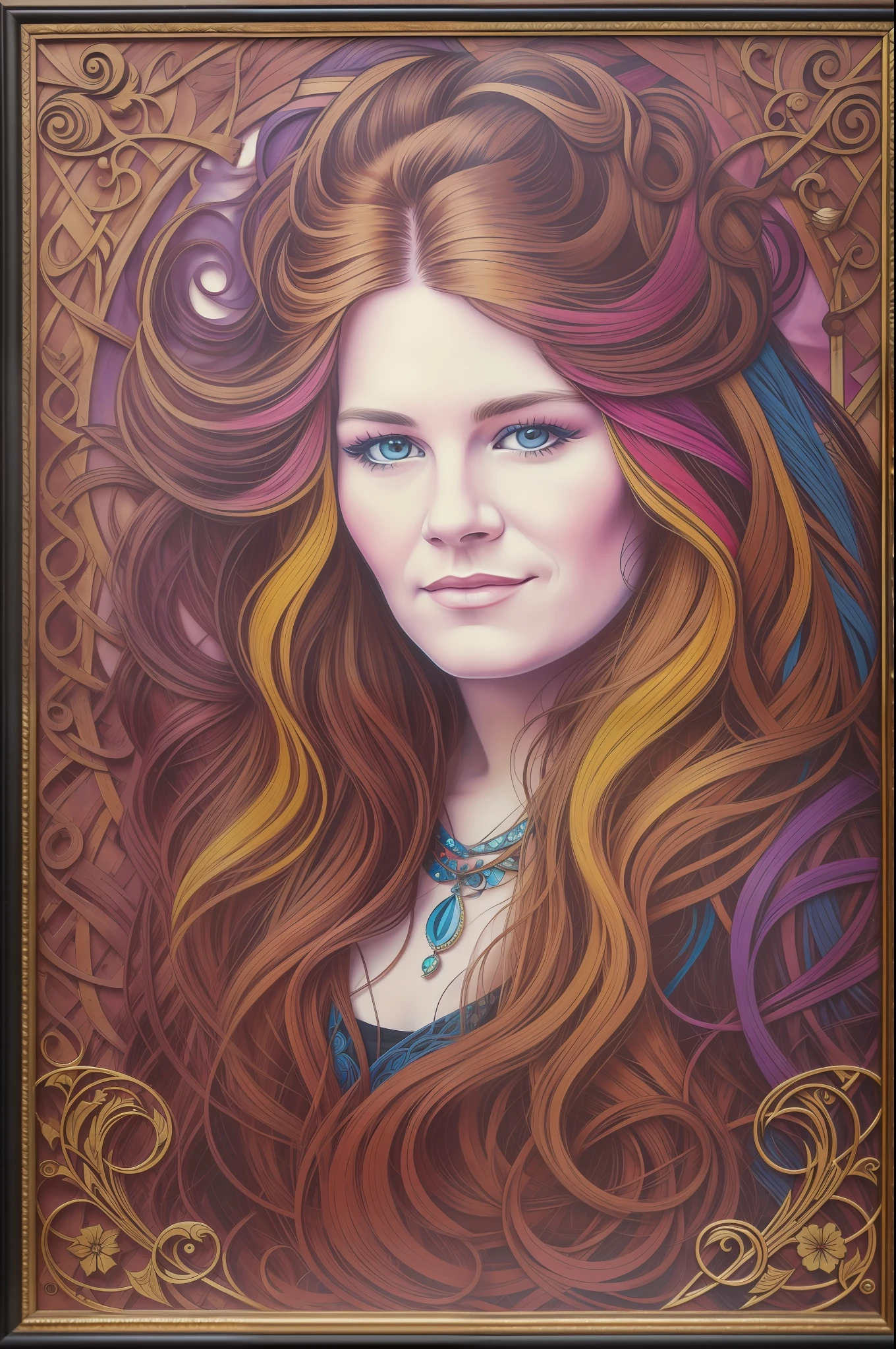 Janes Joplin, ((Best Quality, 8K, Masterpiece: 1.3)), Sharp: 1.2, Hair in the Wind, ((Layered Hairstyle, Multicolor: 1.2)), Highly Detailed Facial and Skin Texture, Detailed Eyes, Double Eyelids, Side Face Looking at Camera, Art Nouveau Style --auto --s2