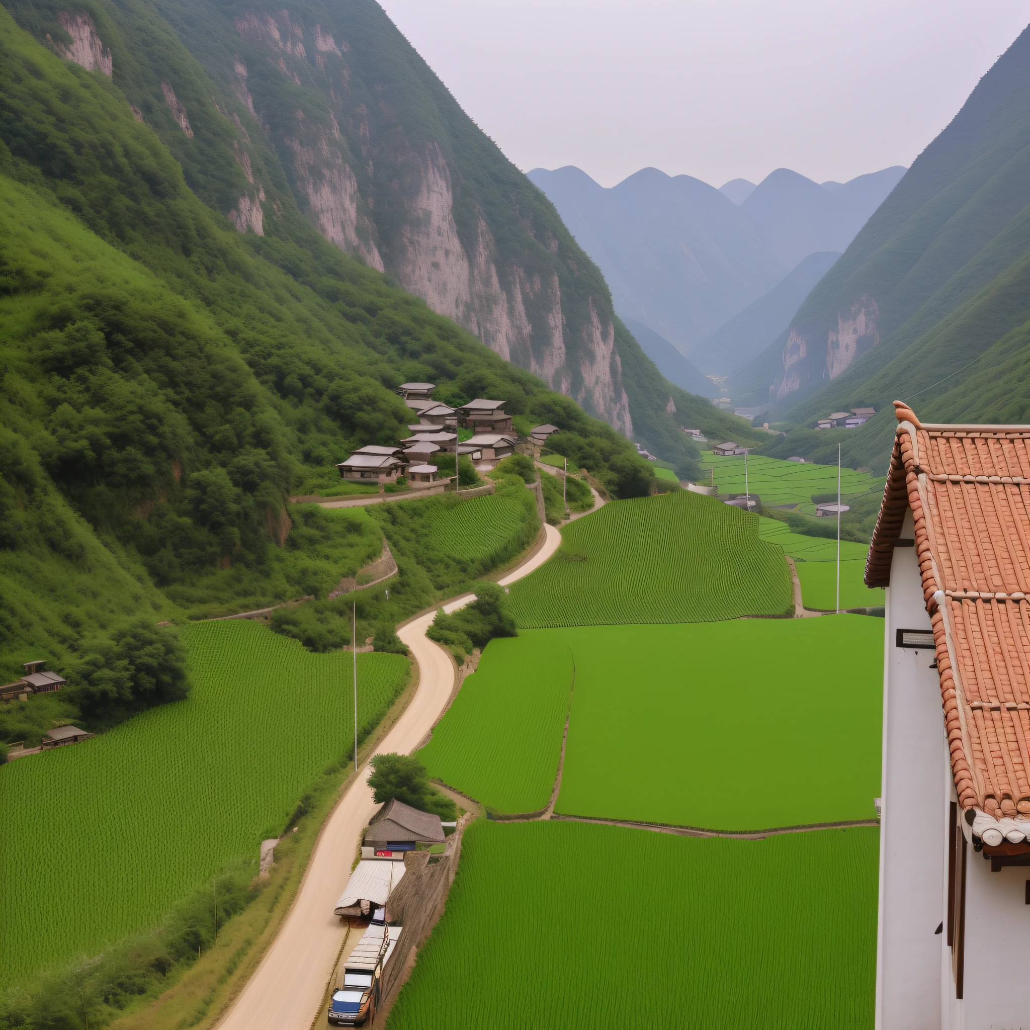 there is a truck that is driving down the road in the mountains, korean countryside, chinese village, village in the background, behind a tiny village, old village in the distance, karst landscape, lovely valley, mountain valley to factory, village, qiangshu, wide view of a farm, lush valley, small village, small town surrounding, above a village