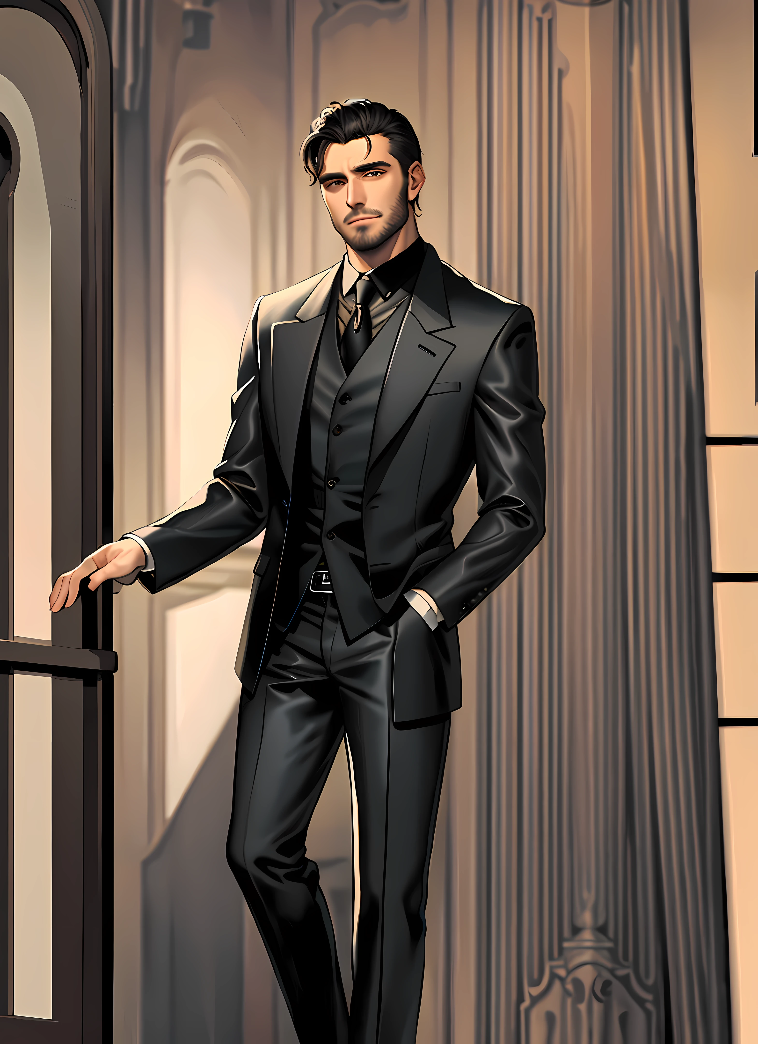 Very handsome man, Italian, tall, clear eyes, mafioso, mysterious, young, in black suit