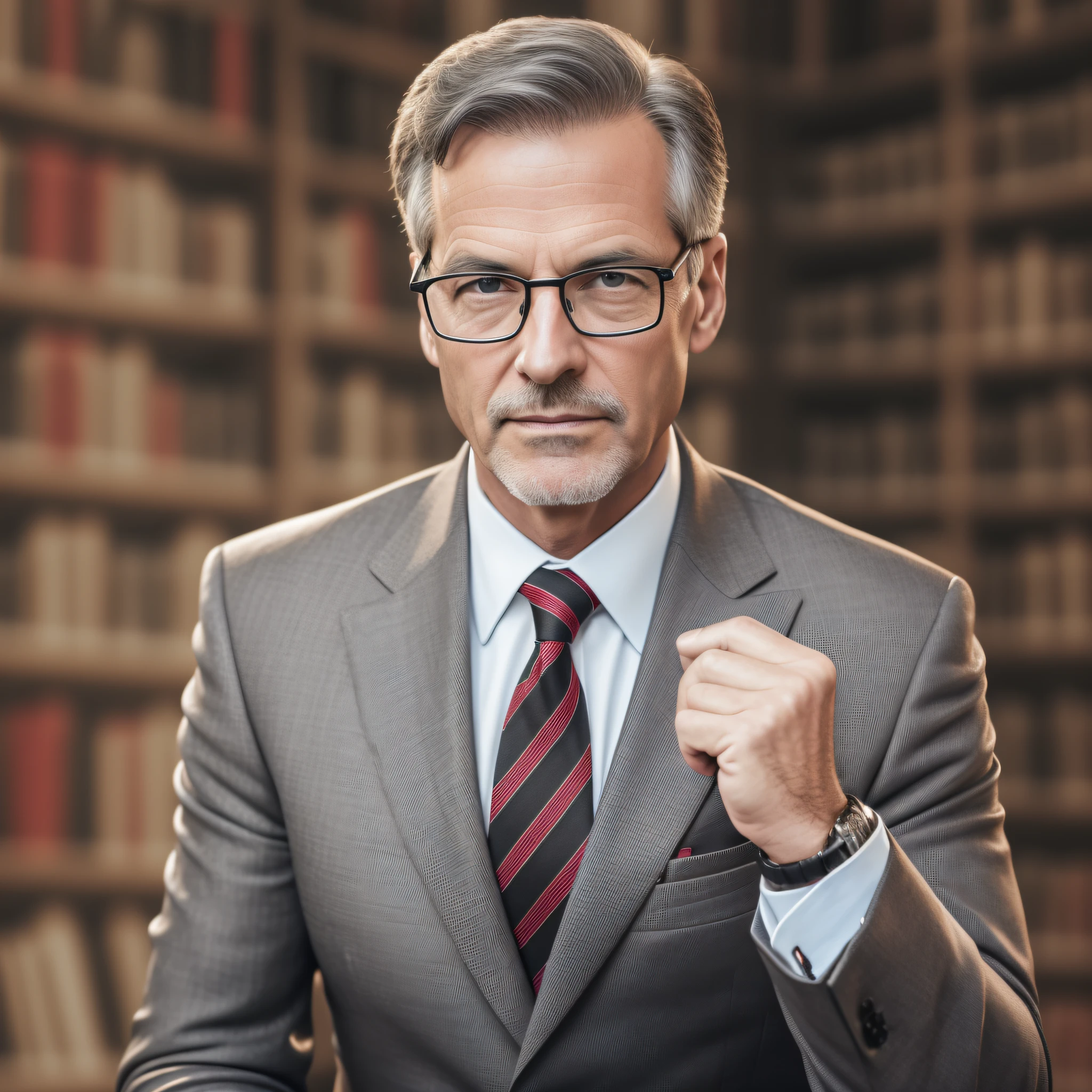 (((highest image quality))),(((Photoreal)))),Male in his 50s, Gray dark suit, red tie, black-rimmed glasses, best image quality, detailed face, staring at camera, leather cover book bookshelf in background, background blur,