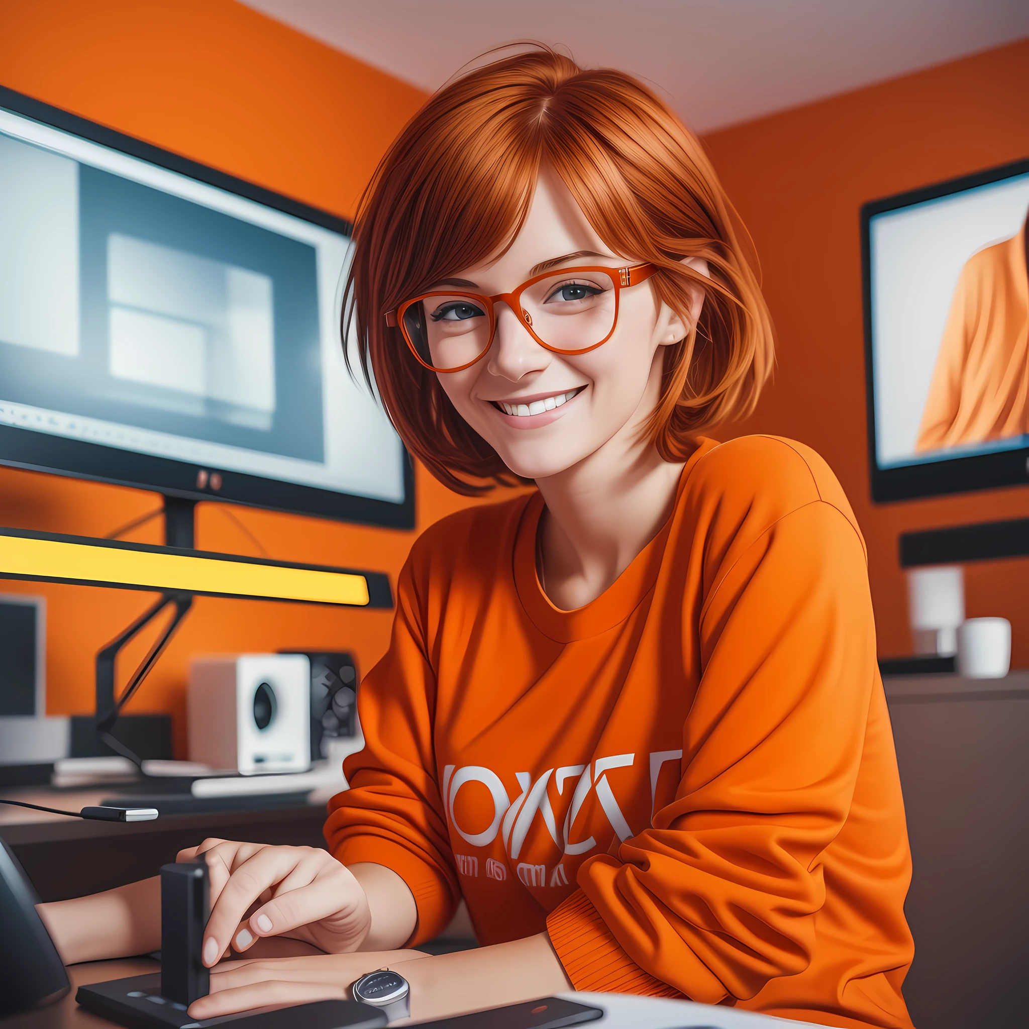 a character 27 year old woman wearing beautiful orange glasses and smiling wearing a plain orange knit t-shirt, very short and spiky orange brown hair, working an advertising agency with orange walls, blurred background, looking at the monitor of an iMac, smiling, cinematic lighting, shallow depth of field, 8k uhd, dslr, 35 mm 1.8 lens, masterpiece, high quality, photorealistic, realism, hyperrealism, art photography --auto --s2