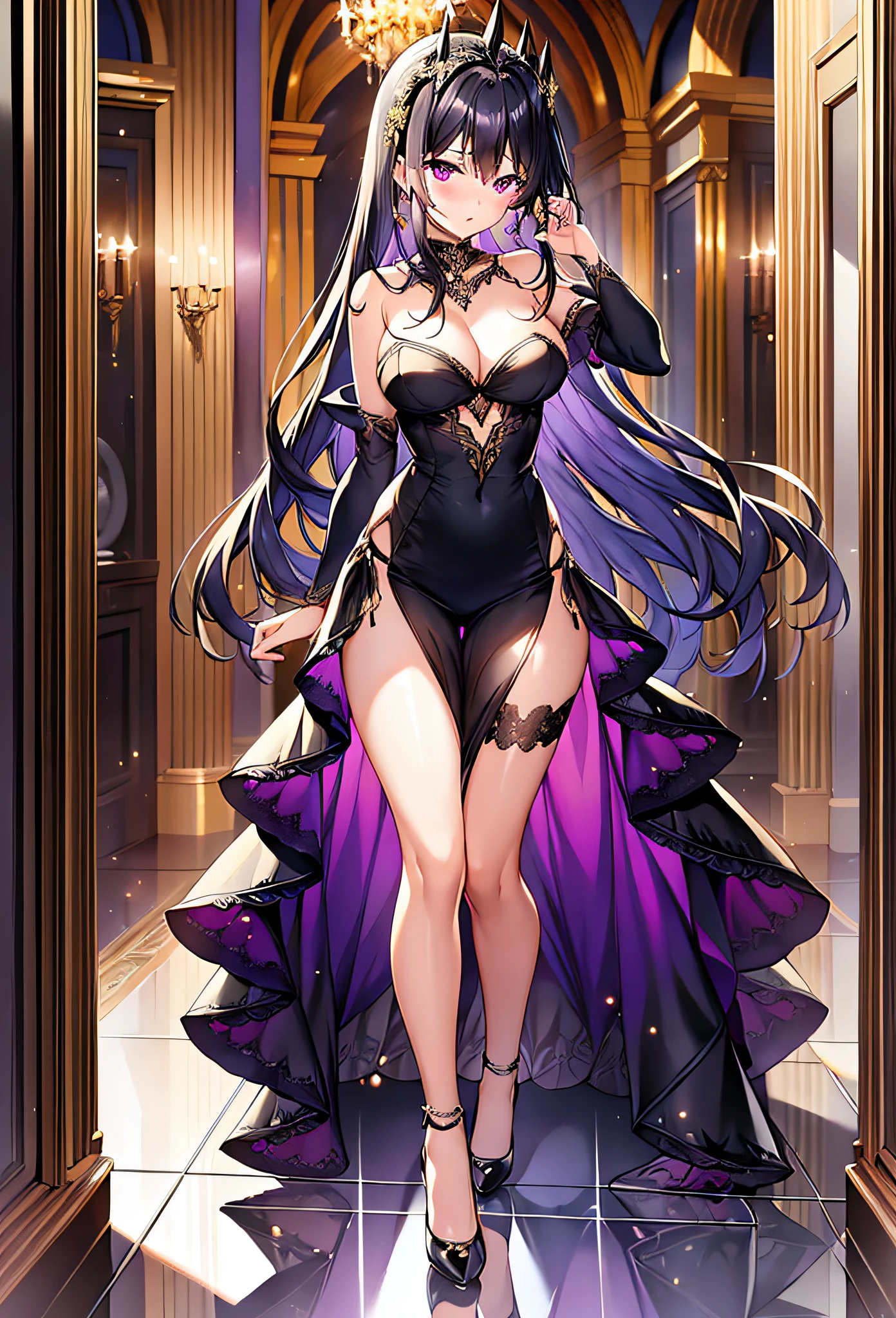 (masterpiece, reflections, atmospheric lighting, dynamic lighting), best quality, 1girl, perfect figure, perfect body, perfect face, black hair, long luscious curly hair, purple eyes, glowing void eyes, delicate fingers, blushing, shy, embarrassed, lewd, scared, open mouth, black crown, jewel crown, wing crown, black dress, strapless dress, wedding dress, evening dress, lingerie dress, black high heels