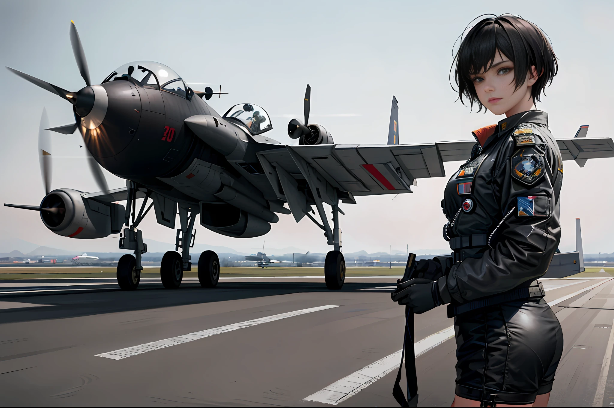 (highest_resolution, distinct_image), top quality, masterpiece, very detailed, semi-realistic, beautiful 20-year-old female pilot standing in front of fighter, flight suit, airbase, tarmac, fighter, air force, bomber, woman with short black hair, beautiful face, beautiful eyes,