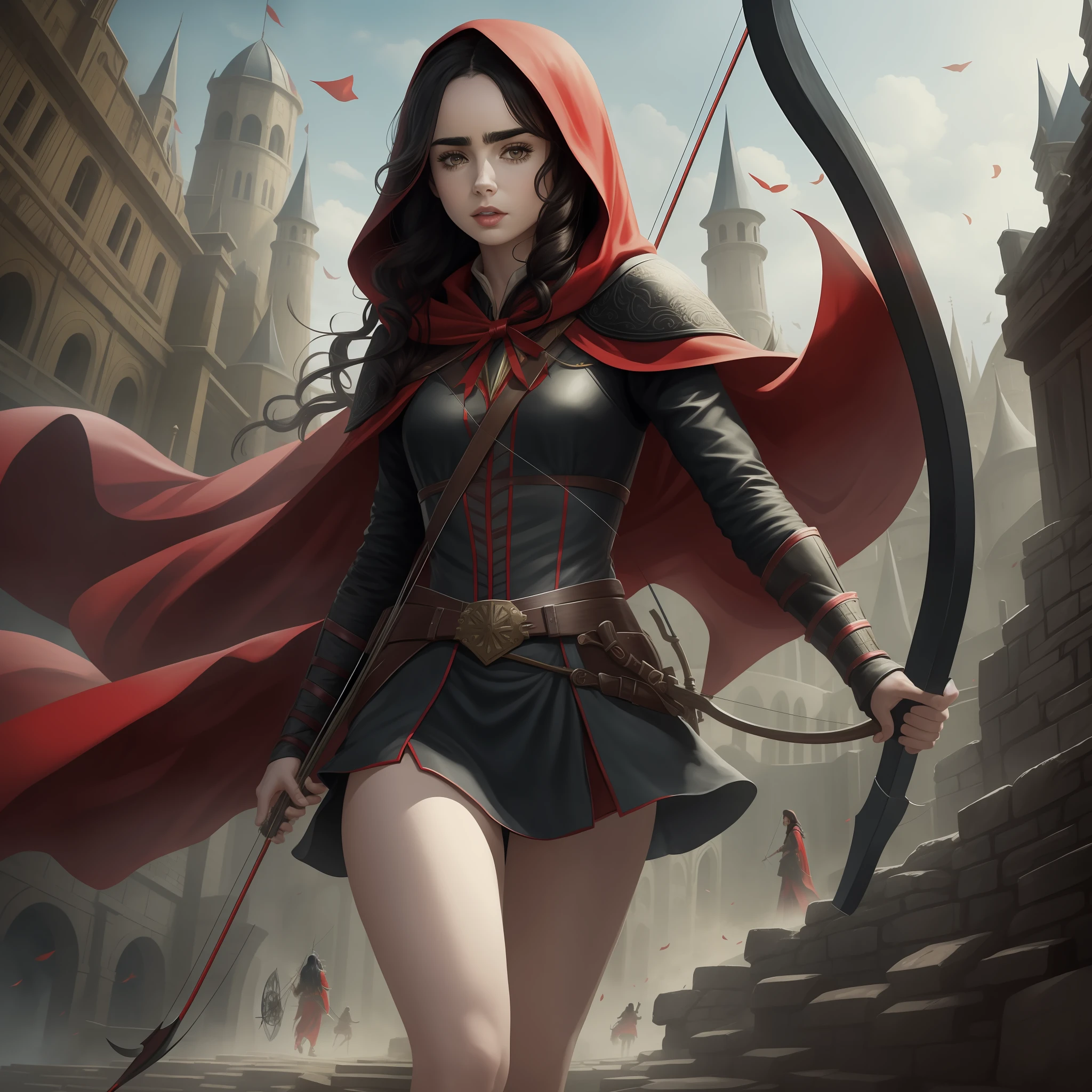 Lily Collins with long black curly hair with red hood, medieval clothes, bow and arrow in hand, entering an arena landscape filled with bleachers and audience watching the illustration is detailed, smooth and bright, HD art by Samyang
