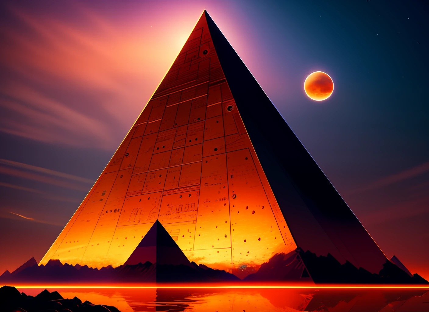 Technological pyramid, details in texture, lights, dusk, planet Mars.