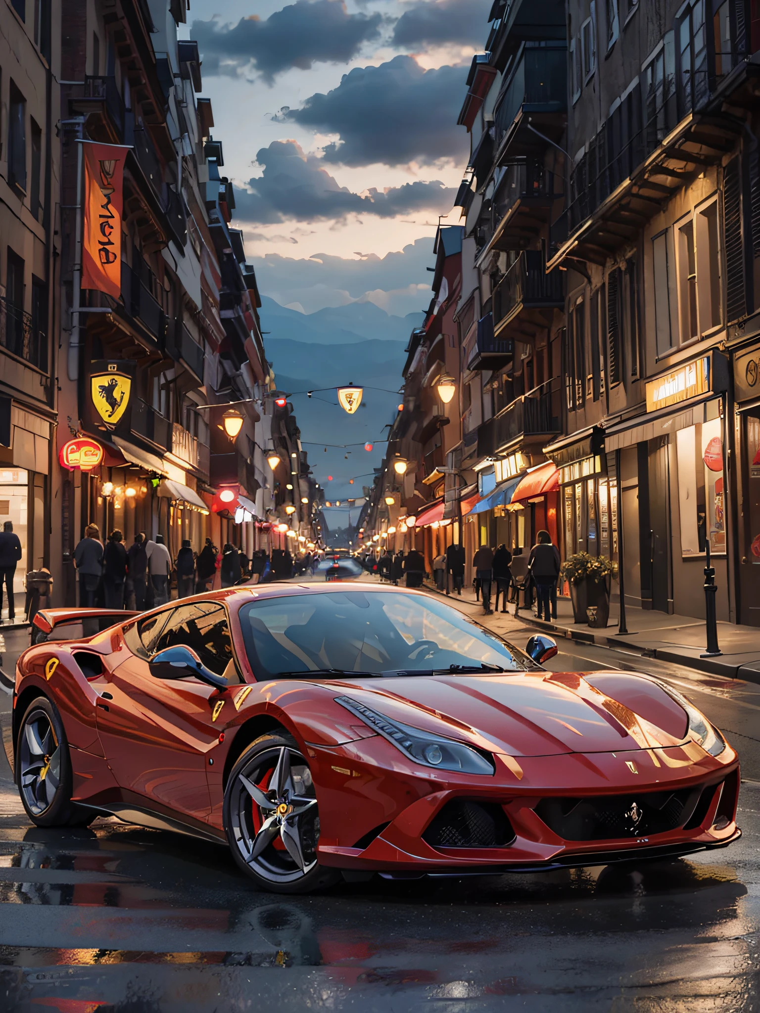Top Quality, Masterpiece, Ultra High Resolution, (Photorealistic: 1.4), Raw Photography, Evening Street, (Ferrari Red)