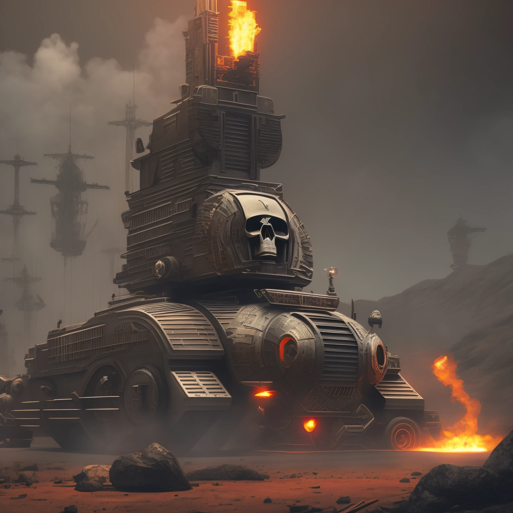skull TANK in the shape of bones| machine guns| bullets flying| flaming eyes | vintage| dramatic| lighting| sci-fi | art by H. R. Giger, Gothic art, 8k --auto --s2