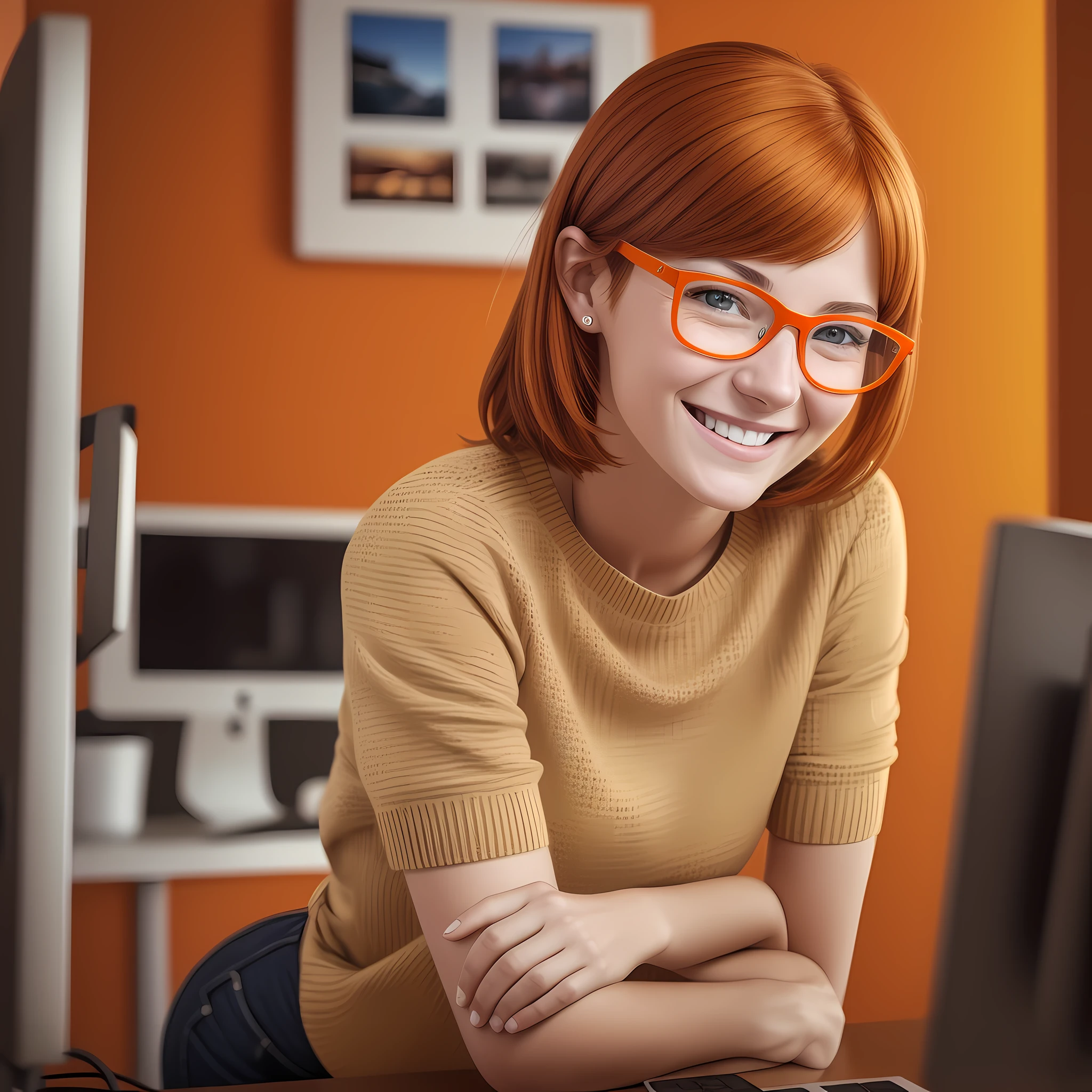a character 27 year old woman wearing beautiful orange glasses and smiling wearing a plain orange knit t-shirt, very short and spiky orange brown hair, working an advertising agency with orange walls, blurred background, looking at the monitor of an iMac, smiling, cinematic lighting, shallow depth of field, 8k uhd, dslr, 35 mm 1.8 lens, masterpiece, high quality, photorealistic, realism, hyperrealism, art photography --auto --s2