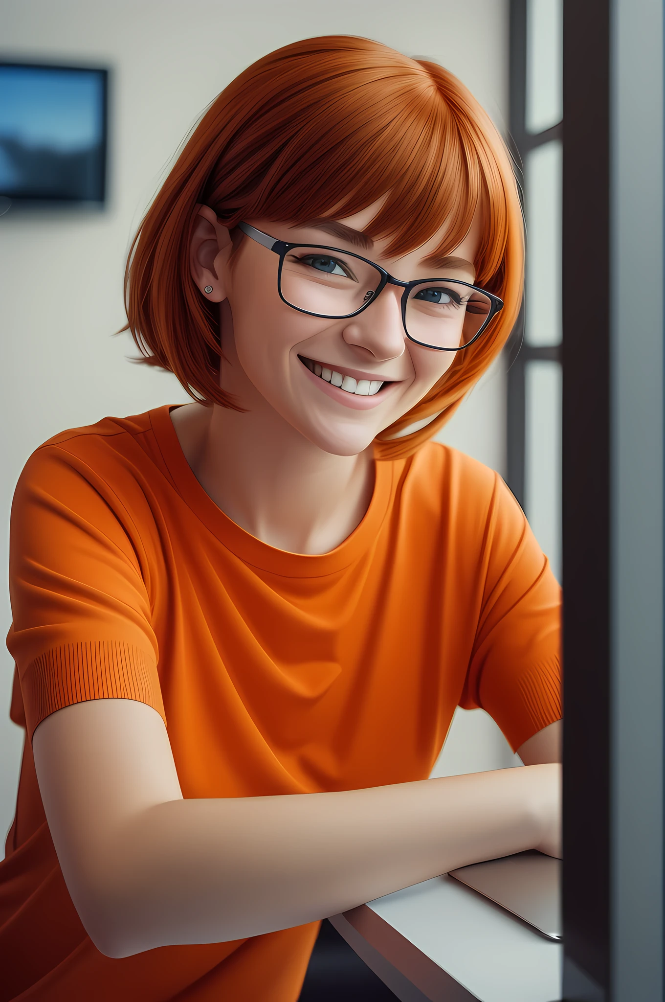 a character 27 year old woman wearing beautiful orange glasses and smiling wearing a plain orange knit t-shirt, very short and spiky orange brown hair, working an advertising agency with orange walls, blurred background, looking at the monitor of an iMac, smiling, cinematic lighting, shallow depth of field, 8k uhd, dslr, 35 mm 1.8 lens, masterpiece, high quality, photorealistic, realism, hyperrealism, art photography --auto --s2