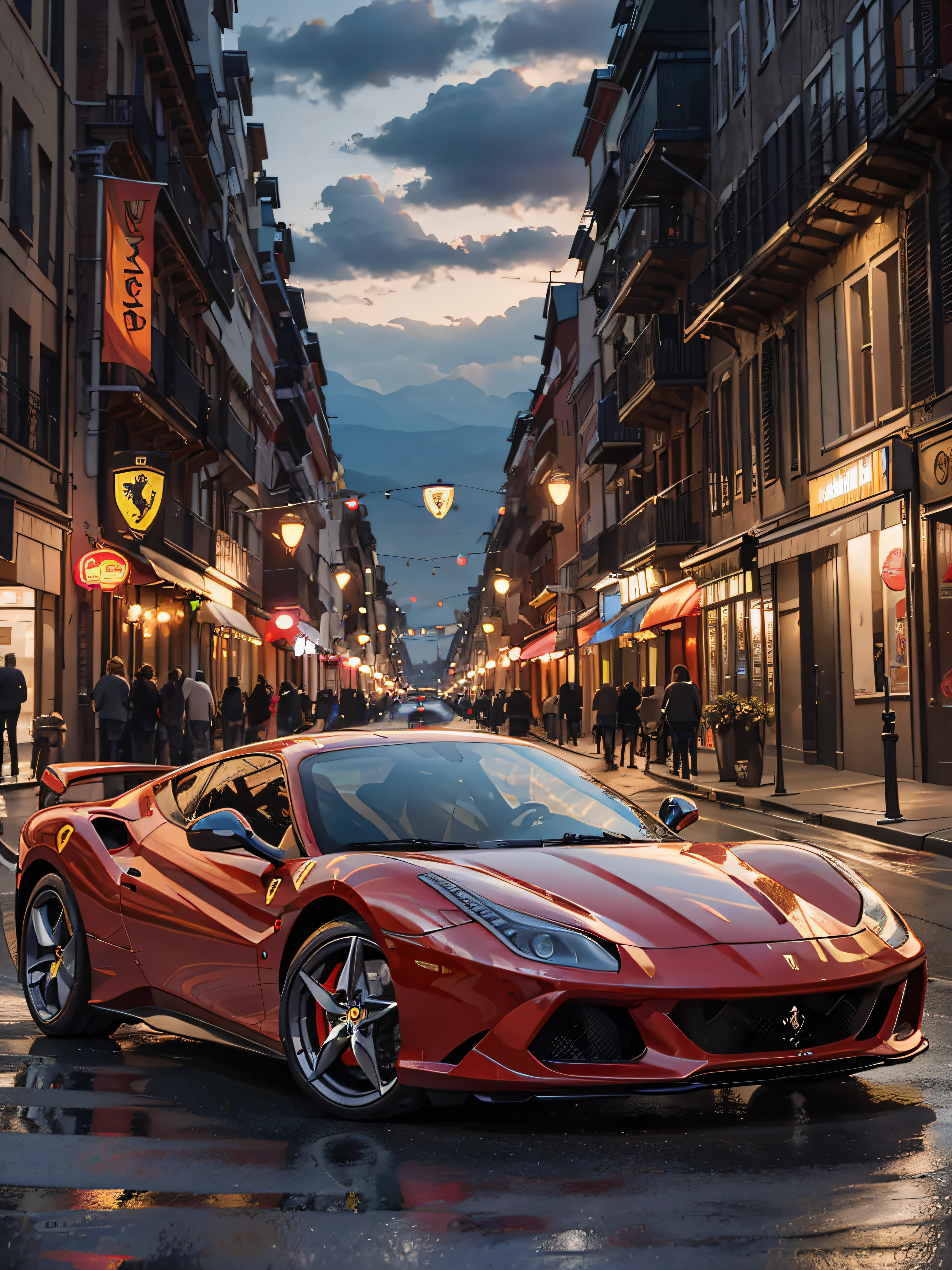 Top Quality, Masterpiece, Ultra High Resolution, (Photorealistic: 1.4), Raw Photography, Evening Street, (Ferrari Red)