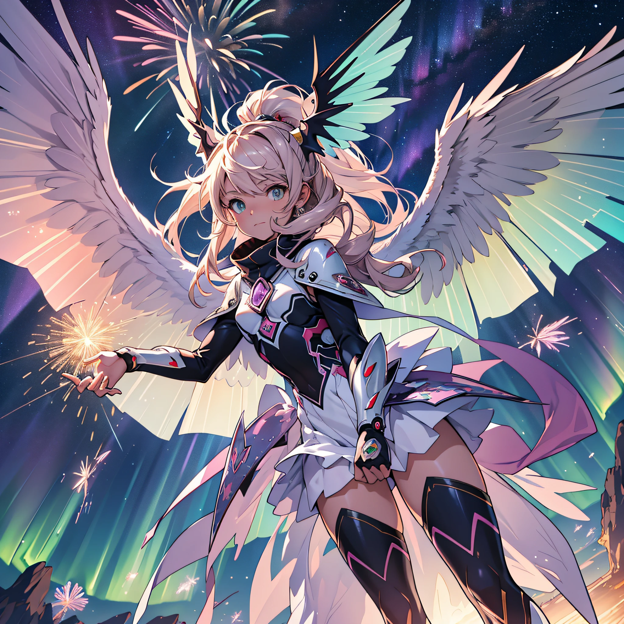 (best quality, masterpiece, ultra-detailed 8k), digimon Angewomon, chosen child, flying through the starry skies, aurora borealis, fireworks, detailed, beautiful face