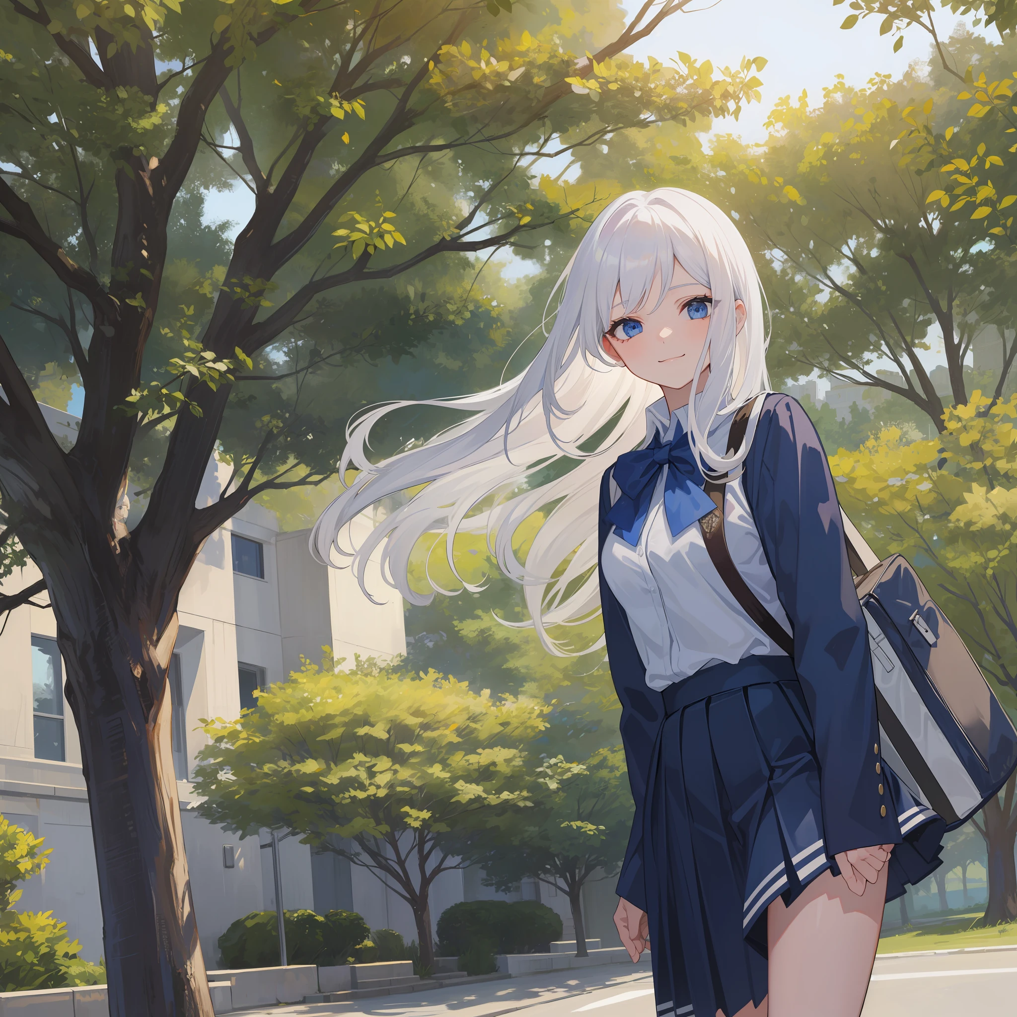 A beautiful highschool girl with white hair, blue eyes, wear highschool uniform, with harm smile, in the school yard under a tree