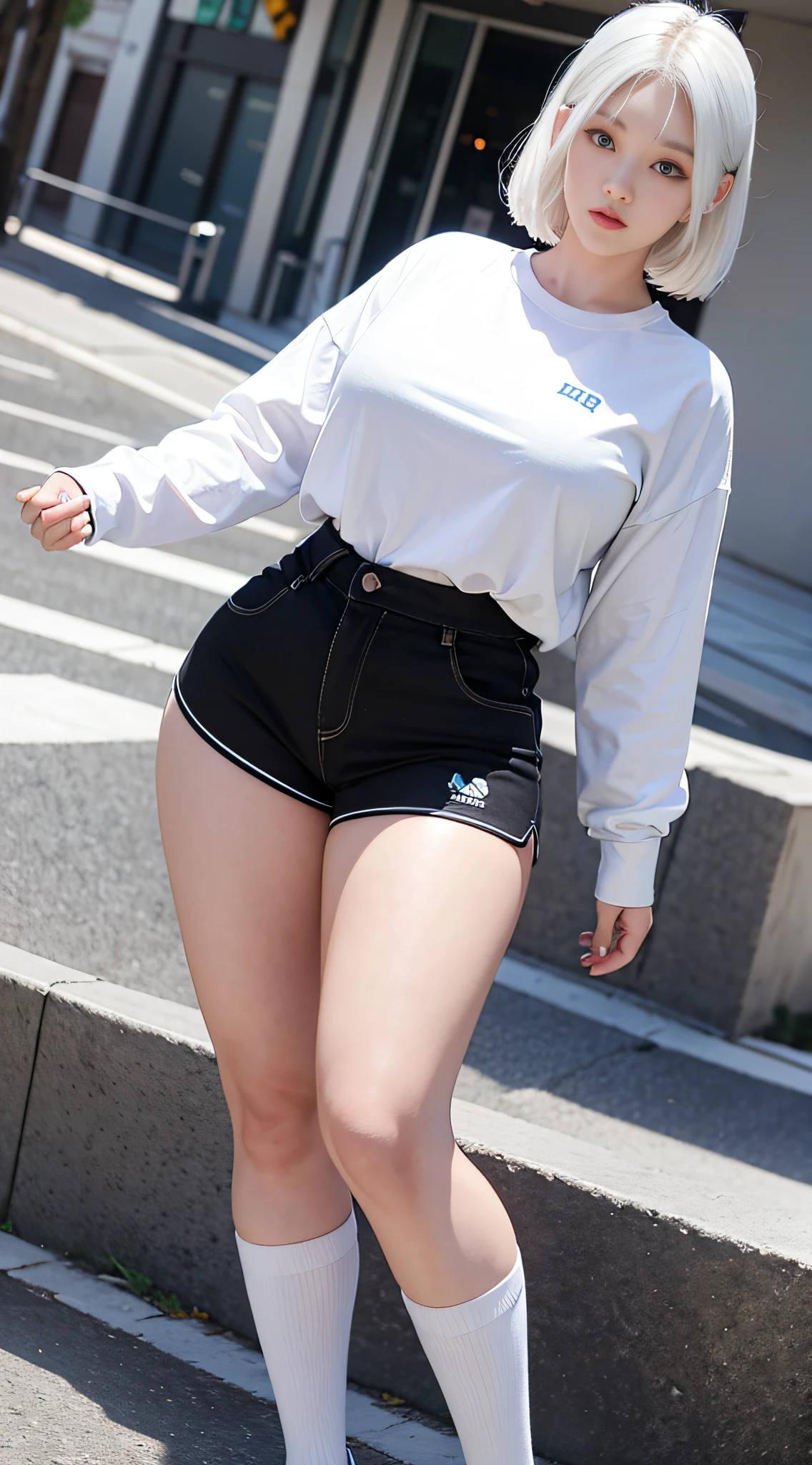 realistic, high resolution, 1 girl, white hair, Korean, blue eyes, white shirt, tight black shorts, thick thighs (dynamic pose)