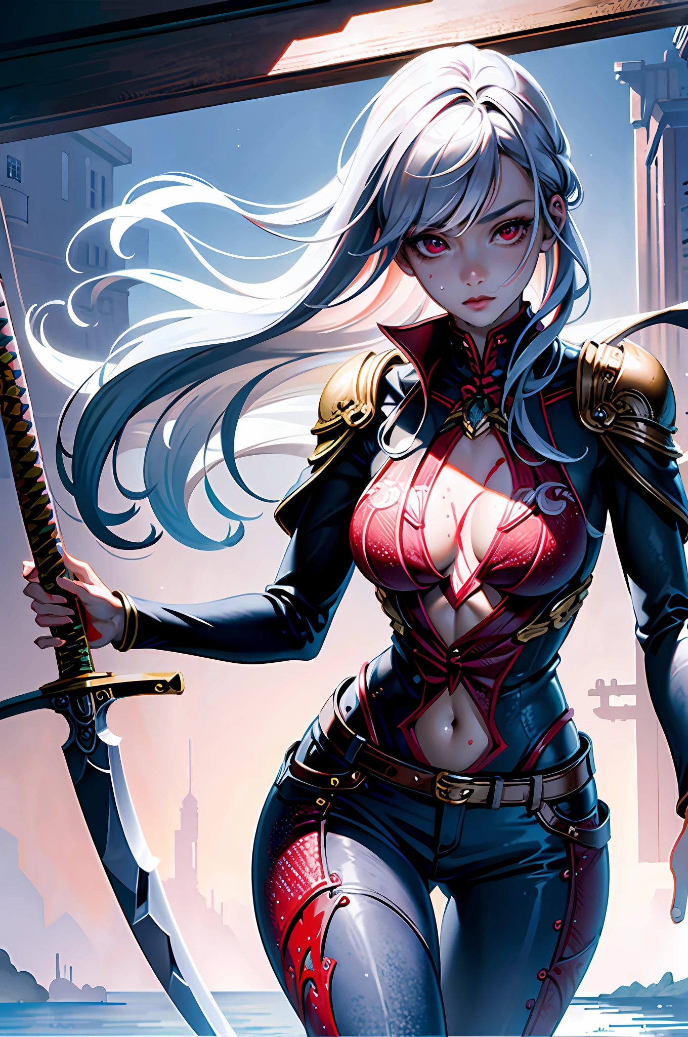 ((masterpiece)), (((best quality))), ((ultra detail)), ((illustration)), ((semi-realistic)), (reflections), sharp focus, front lighting, intense shadows, (beautiful detailed eyes), eyelashes, (extremely delicate and beautiful girl), ((red eye)), silver hair, (jacket), (trousers), long hair, (wielding a katana), ((detailed eyes)), ( cold-blooded), (((big chest))), cleavages, shiny skin, cinematic lighting mask, ray tracing, depth of field, dynamic angle, looking at the viewer, ((epic background)), (blood on the face 1.2), (difficulty 1.4), highly detailed fingers, highly detailed hand, highly detailed full body, highly detailed face and eyes, fully body views, standing, high detail legs, highly detailed thighs, standing on water, (highly details breast), cleavages, separate legs, (wet body), (wet hair),