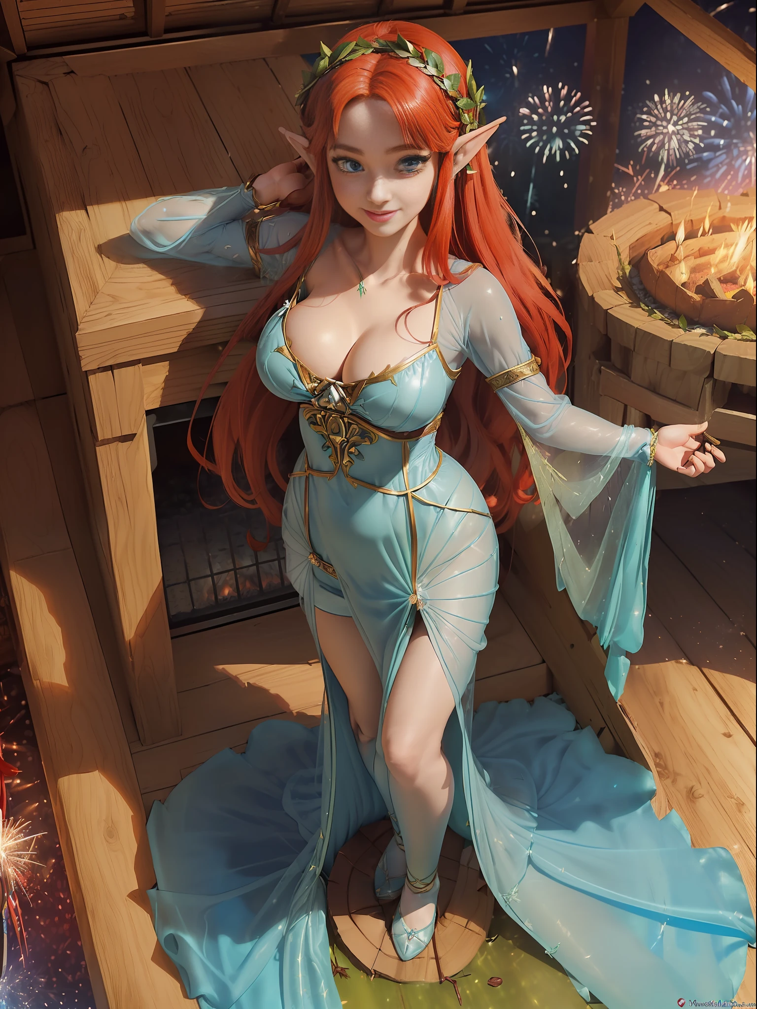 (Full body photo:1.7), (Princess Zelda/Mystical Fairy:1.5), (she has large breasts:1.7), (she has extremely beautiful and transparent fairy wings:1.4), (She is wearing clothing made of leaves:1.3/extremely transparent:1.5/wreath on head:1.4), (looking directly at the viewer/smiling:1.5), (She is inside a wooden house with a fireplace with fireworks:1.7),  (She has long red hair fastened by clips made of leaves:1.3), (blue eyes:1.3), (her costume is extremely tight on her body:1.5), (doing sexy poses standing: 1.2), (award-winning, UHD, anime, high detail, 16k, high quality, masterpiece)