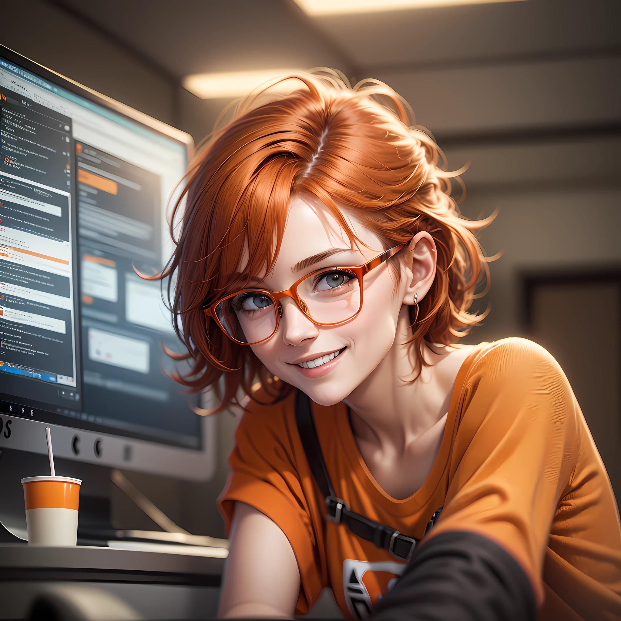 a character 27 year old woman wearing beautiful orange glasses and smiling wearing a plain orange knit t-shirt, very short and spiky orange brown hair, working an advertising agency with orange walls, blurred background, looking at the monitor of an iMac, smiling, cinematic lighting, shallow depth of field, 8k uhd, dslr, 35 mm 1.8 lens, masterpiece, high quality, photorealistic, realism, hyperrealism, art photography --auto --s2