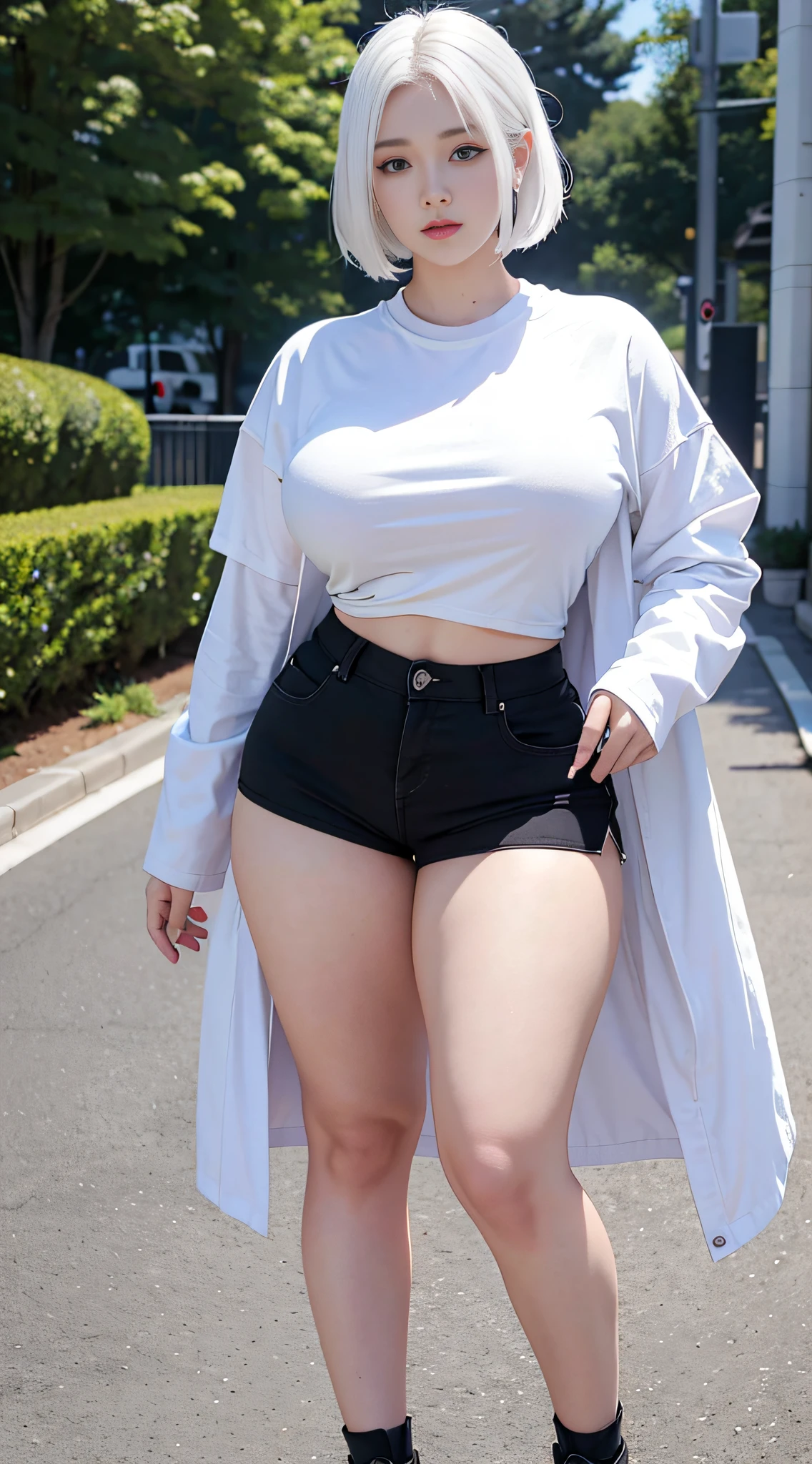 realistic, high resolution, 1 girl, white hair, Korean, blue eyes, white shirt, tight black shorts, thick thighs (dynamic pose)