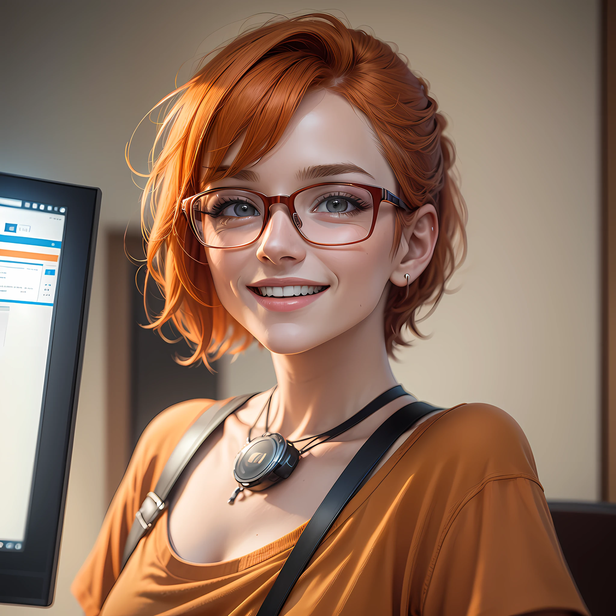 a character 27 year old woman wearing beautiful orange glasses and smiling wearing a plain orange knit t-shirt, very short and spiky orange brown hair, working an advertising agency with orange walls, blurred background, looking at the monitor of an iMac, smiling, cinematic lighting, shallow depth of field, 8k uhd, dslr, 35 mm 1.8 lens, masterpiece, high quality, photorealistic, realism, hyperrealism, art photography --auto --s2
