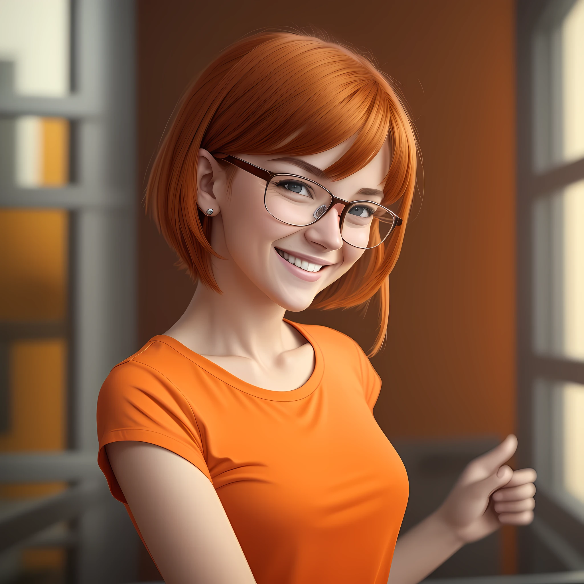 A 27-year-old female character wearing gorgeous orange glasses and smiling wearing a plain orange mesh T-shirt, very short and spiky orange brown hair, standing in an advertising agency with orange walls, blurry background, smiling, cinematic lighting, shallow depth of field, 8k UHD, DSLR, 35mm 1.8 lens, masterpiece, high quality, photorealistic,  realism, hyperrealism, art photography --auto --s2