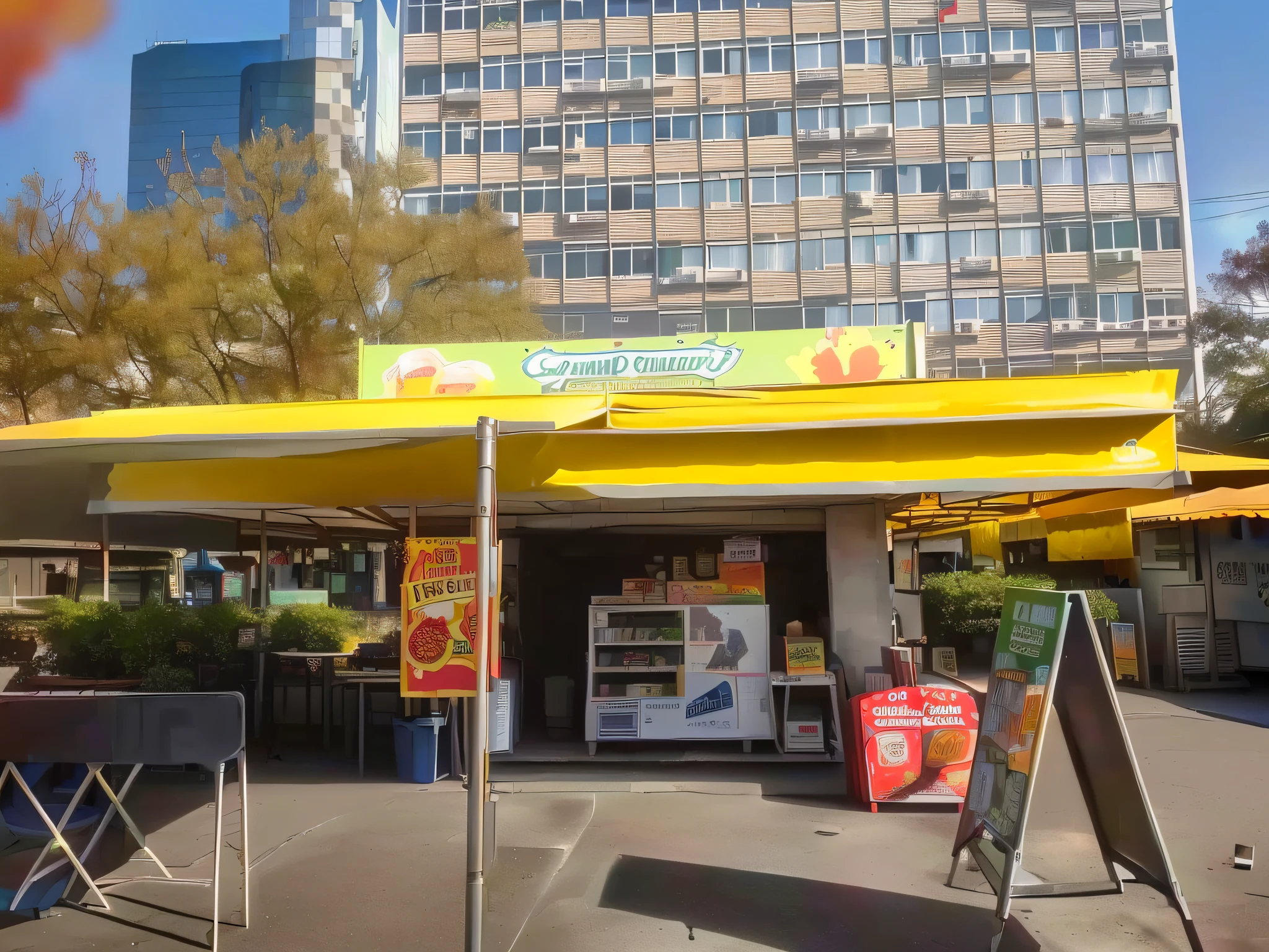 yellow awning over a food stand with a sign and a building in the background, food stalls, food stall, taken in the late 2010s, yellow awning, with street food stalls, taken in the late 2000s, in chippendale sydney, regal fast food joint, taken in the early 2020s, green square