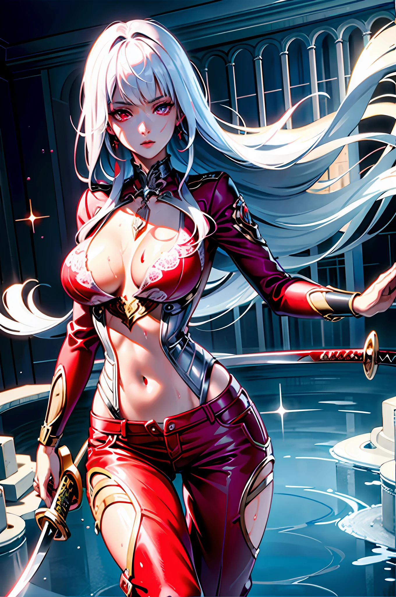 ((masterpiece)), (((best quality))), ((ultra detail)), ((illustration)), ((semi-realistic)), (reflections), sharp focus, front lighting, intense shadows, (beautiful detailed eyes), eyelashes, (extremely delicate and beautiful girl), ((red eye)), silver hair, (jacket), (trousers), long hair, (wielding a katana), ((detailed eyes)), ( cold-blooded), (((big chest))), shiny skin, cinematic lighting mask, ray tracing, depth of field, dynamic angle, looking at the viewer, ((epic background)), (blood on the face 1.2), (difficulty 1.4), highly detailed fingers, highly detailed hand, highly detailed full body, highly detailed face and eyes, (Large breasts), ((Breasts Open up)), fully body views, standing, high detail legs, chest open, wet body, wet hair,