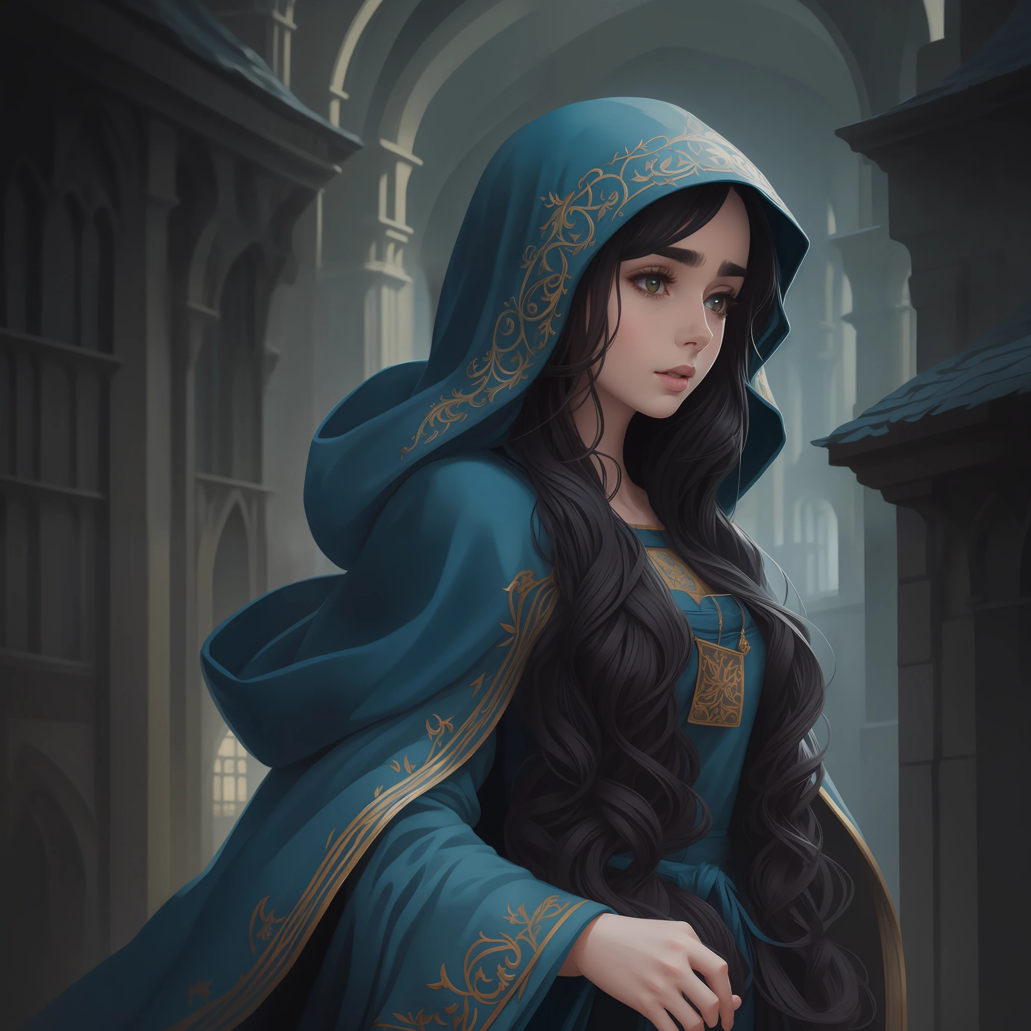 Lily Collins with long black curly hair with blue hood, medieval clothes, illustration is detailed, soft and bright, HD art by WLOP