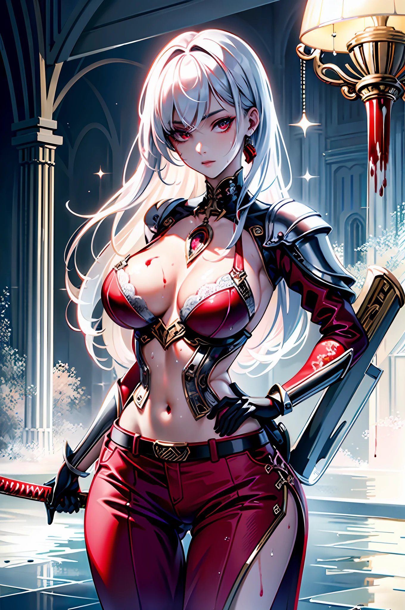 ((masterpiece)), (((best quality))), ((ultra detail)), ((illustration)), ((semi-realistic)), (reflections), sharp focus, front lighting, intense shadows, (beautiful detailed eyes), eyelashes, (extremely delicate and beautiful girl), ((red eye)), silver hair, (jacket), (trousers), long hair, (wielding a katana), ((detailed eyes)), ( cold-blooded), (((big chest))), shiny skin, cinematic lighting mask, ray tracing, depth of field, dynamic angle, looking at the viewer, ((epic background)), (blood on the face 1.2), (difficulty 1.4), highly detailed fingers, highly detailed hand, highly detailed full body, highly detailed face and eyes, (Large breasts), ((Breasts Open up)), fully body views, standing, high detail legs, chest open, wet body, wet hair,