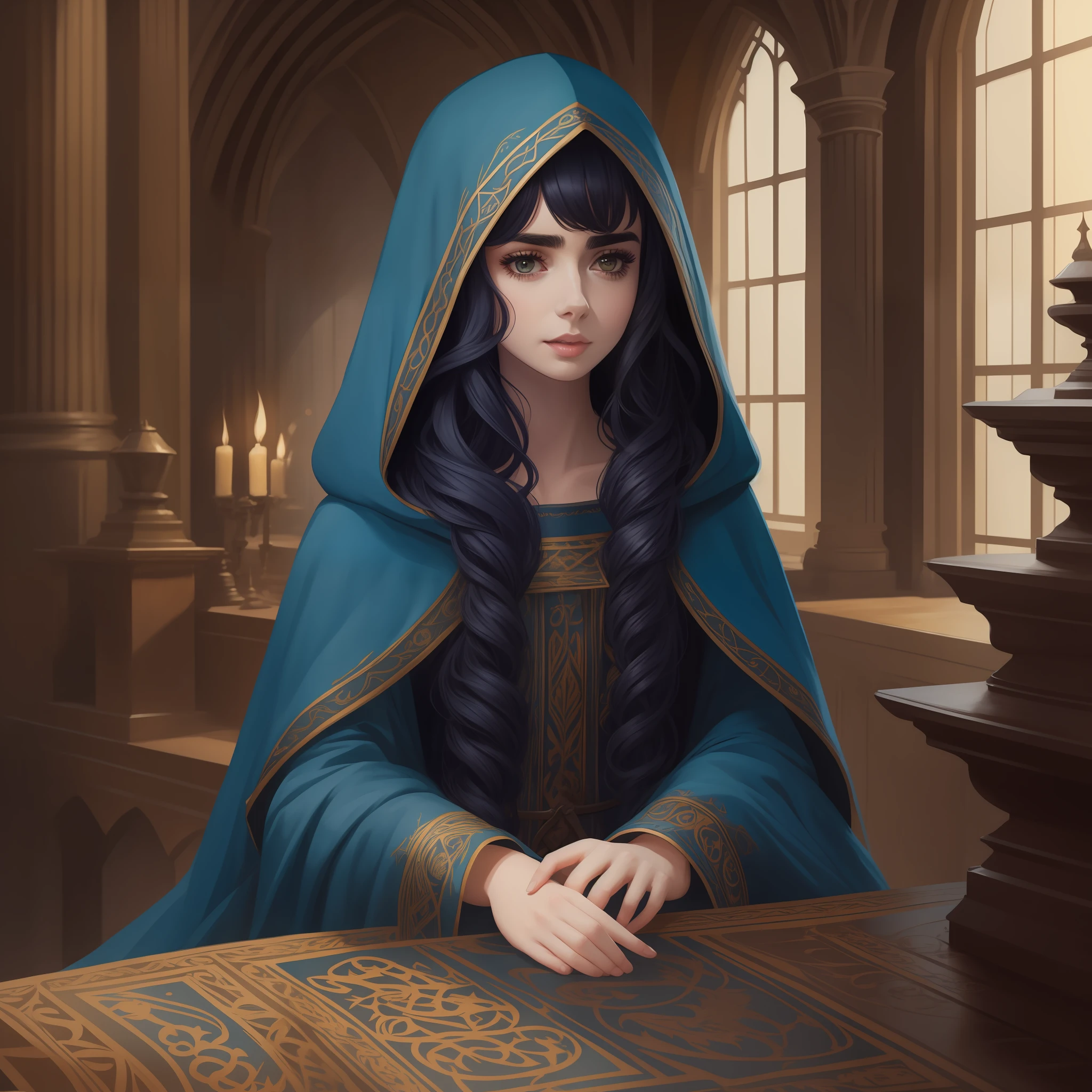 Lily Collins with long black curly hair with blue hood, medieval clothes, illustration is detailed, soft and bright, HD art by WLOP