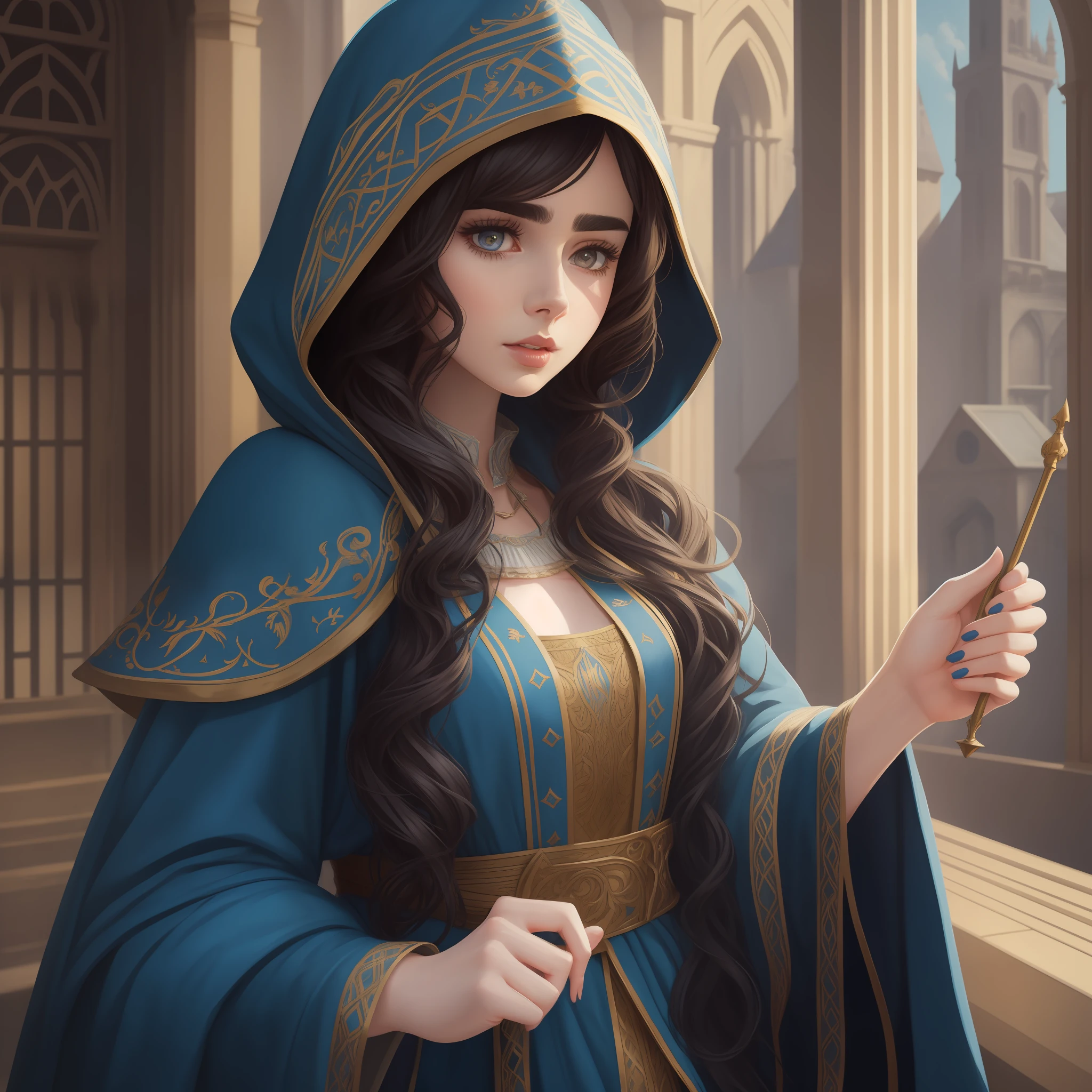 Lily Collins with long black curly hair with blue hood, medieval clothes, illustration is detailed, soft and bright, HD art by WLOP